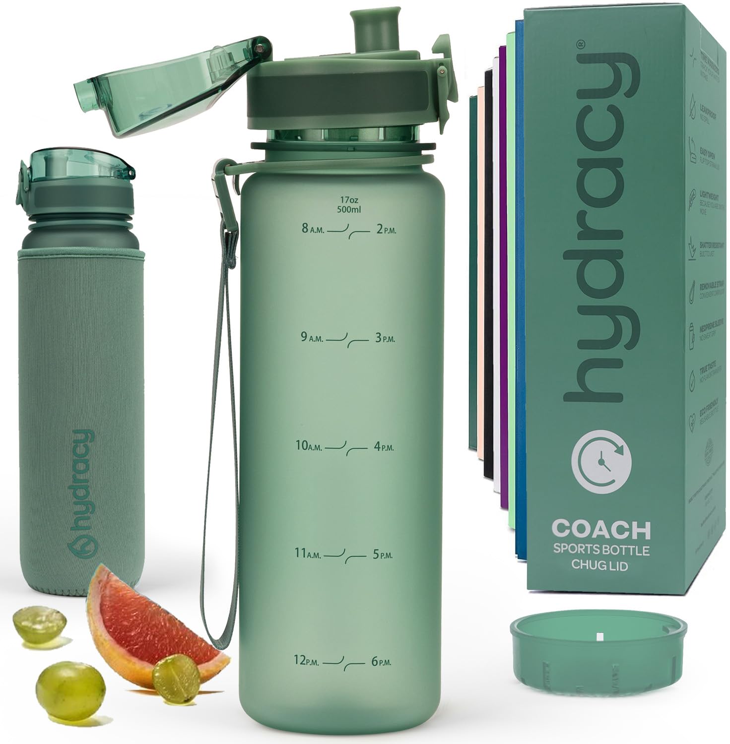Hydracy Moonlight Green Water Bottle With Time Marker - 500 Ml Bpa Free Water Bottle - Leak Proof & No Sweat Gym Bottle With Fruit Infuser Strainer - Ideal For Fitness Or Sports & Outdoors