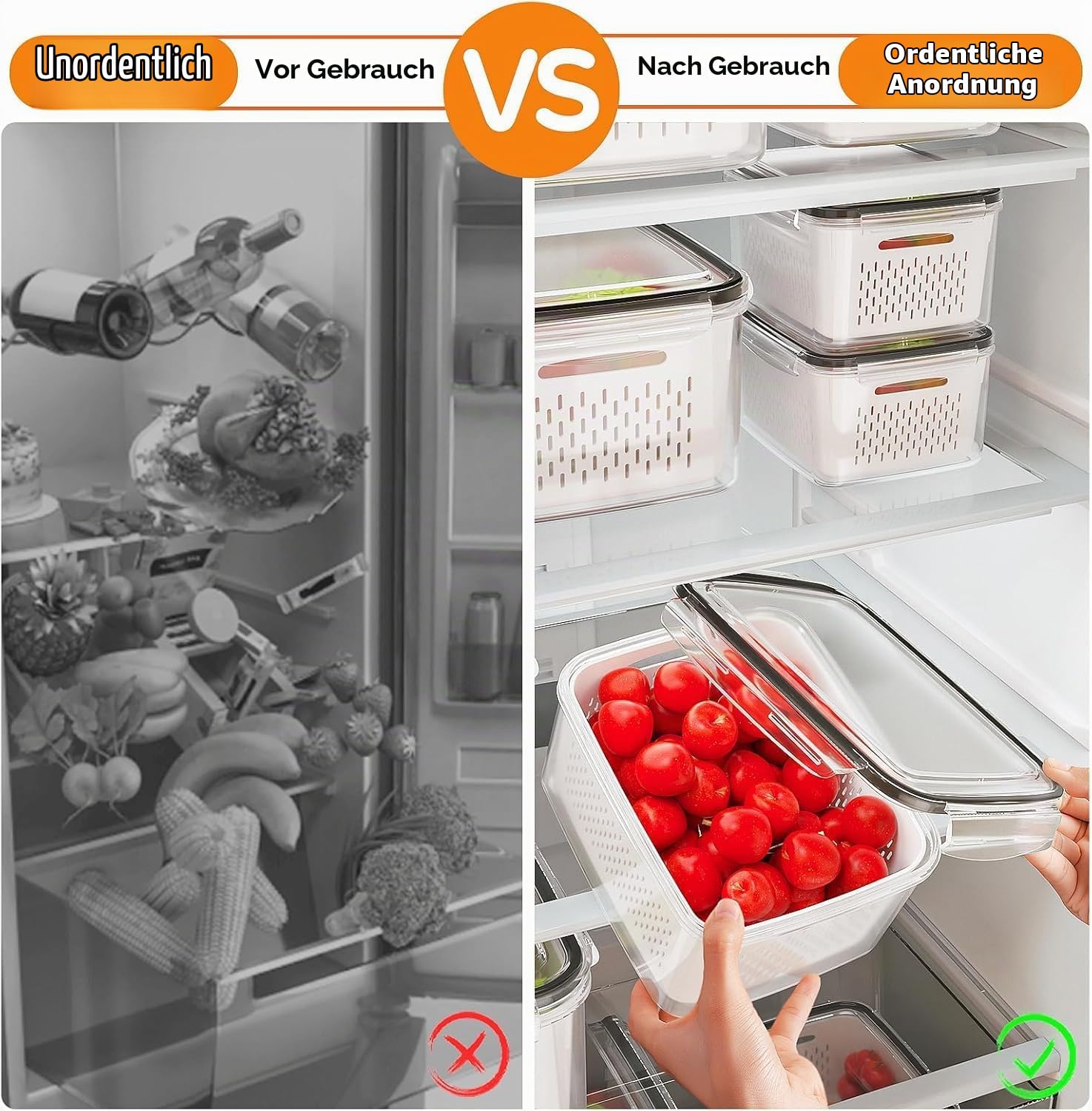 LATERN 5 Stück Kühlschrank Obstaufbewahrung mit Herausnehmbaren Sieben, 4 in 1 Luftdichter Lebensmittel Vorratsbehälter Auslaufsichere Organizer mit Deckel für Salat Obst Gemüse Fleisch Halter Frisch