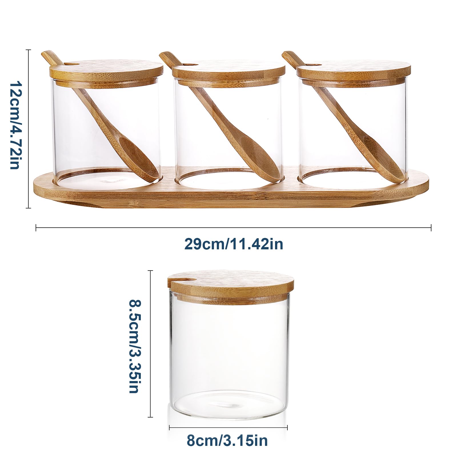 Czemo Set de 3 Bocaux en Verre 300ML pour Épices, Sucre, Sel - Couvercles et Cuillères en Bambou - Récipients à Épices