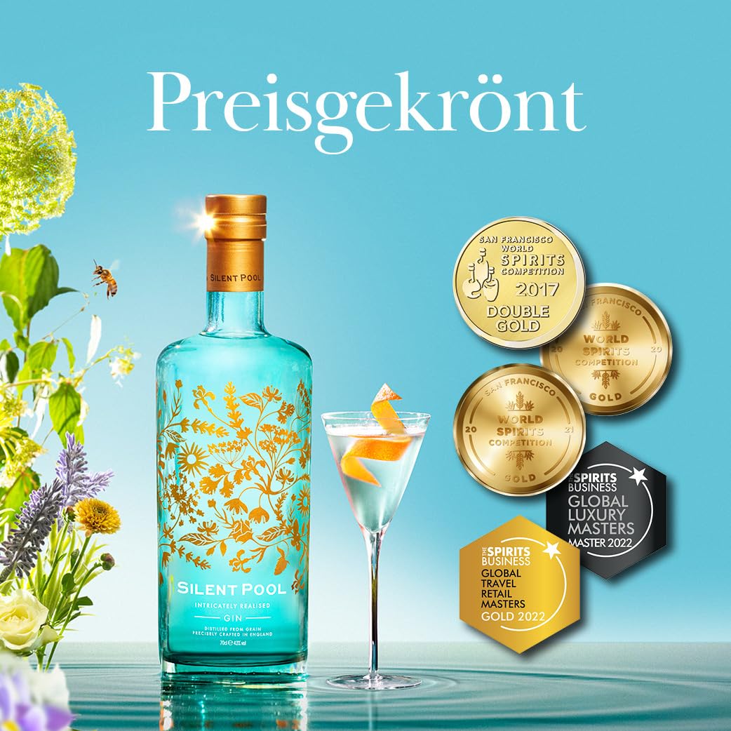 SILENT POOL - Ultra-Premium London Dry Gin – preisgekrönt, handgefertigt in England - Vielschichtig, duftend, ausgewogen - 24 Botanicals - Perfekt auf Eis - ideal als Geschenk - 43% vol., 70 cl.