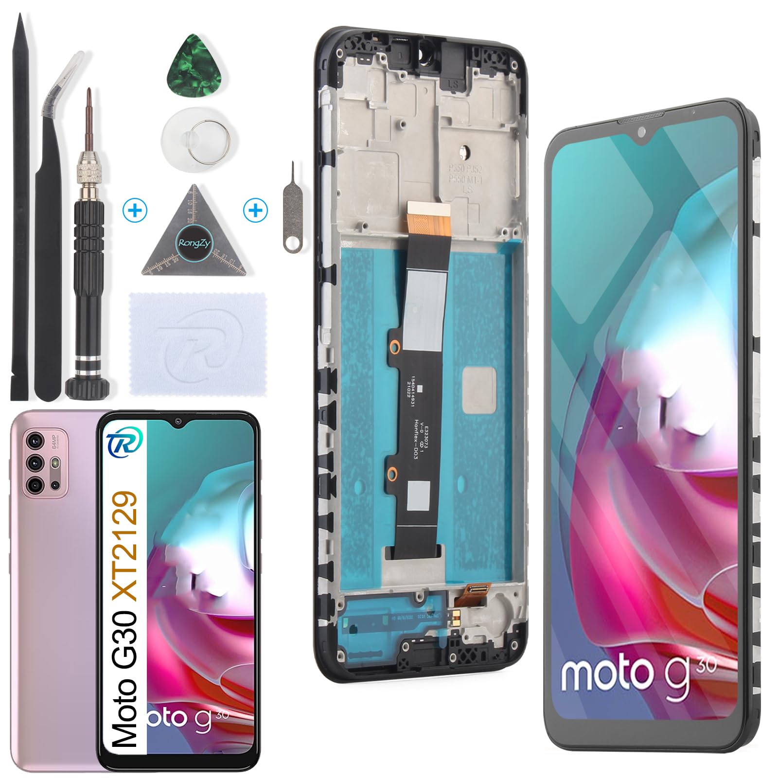 RongZy Écran LCD pour 6.5" Motorola Moto G30 XT2129-1 XT2129-2 Écran De Remplacement Numériseur Tactile Panneau Assemblé De Réparation avec Outils(Noir avec Cadre)