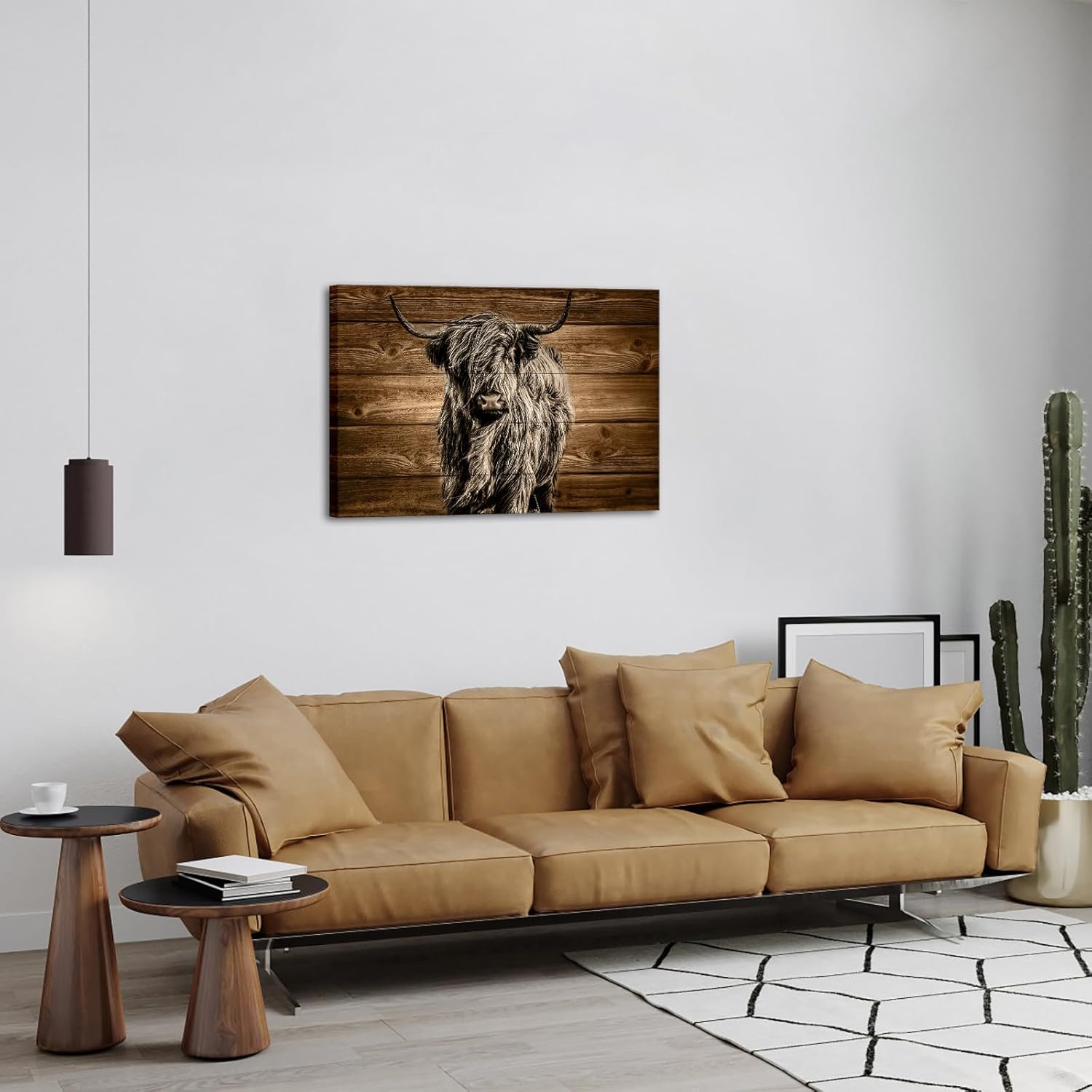 KREATIVE ARTS Highland Cow Wall Art Canvas Sepia Longhorn Cattle Painting Vintage Wood Background Giclee Prints Large 24x36 Farmhouse Decor Ready to Hang