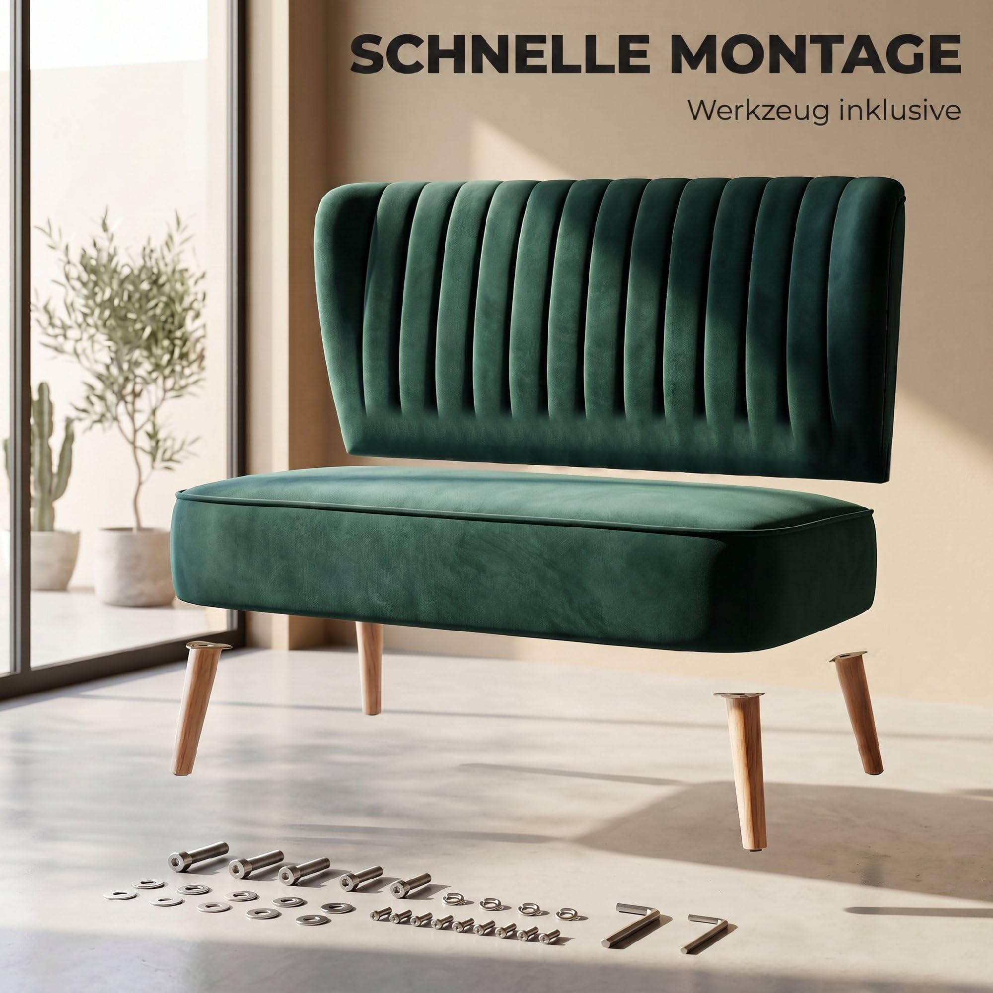 HOMCOM Sofa 2 Sitzer Couch, Kleine Loveseat mit Samt-Optik Modern Polstersofa für Wohnzimmer, Schlafzimmer, kleinen Raum, Dunkelgrün 117 x 56,5 x 77 cm