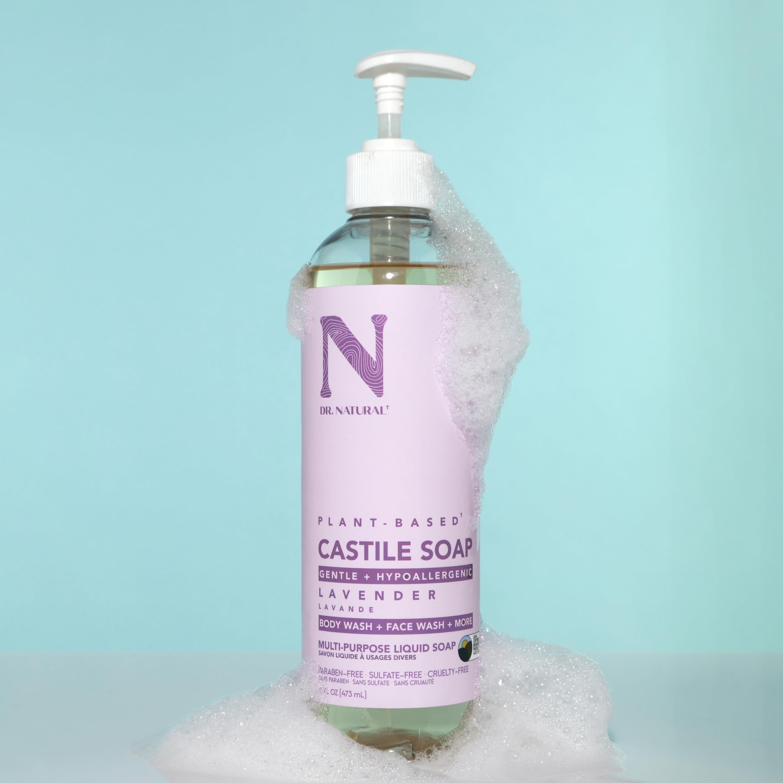 Dr. Natural Castile Liquid Soap - Gel multi-usage corps, cheveux, visage - Hydratant peau, cheveux, animaux - Lavande - 473 ml
