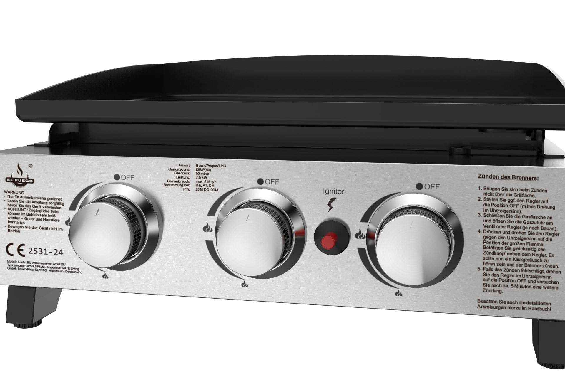 Plancha grill gazowy "AUSTIN III" firmy El Fuego®, 3 główne palniki o mocy 2,5 kW, w zestawie wąż gazowy i reduktor ciśnienia, grill BBQ | AY 4420