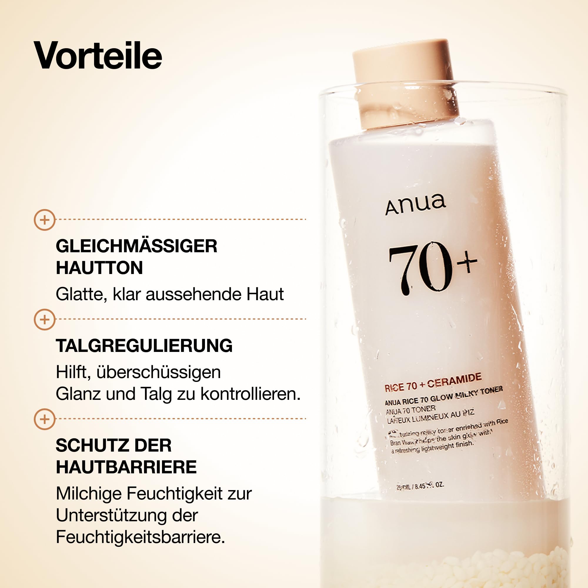 Anua Rice 70 Glow Milky Toner, Glass & Dewy Skin, Hydration & Barrier Care, Reiswasser, Niacinamid, Ceramide, Alle Hauttypen, Duftstofffrei, Nicht komedogen, Korean Skincare, 250ml