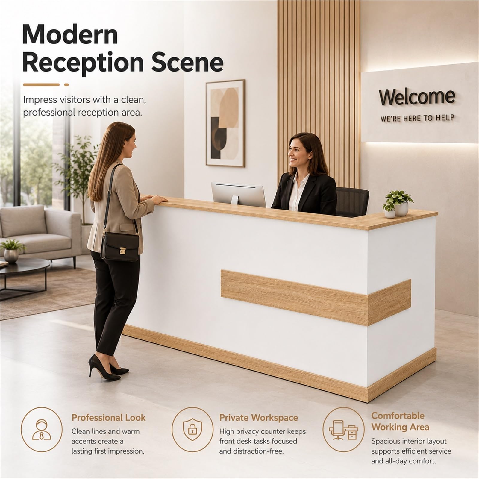 Moderne L-förmige Empfangstheke Rezeptionstheke mit Schublade, Stauraum | 110 cm Hohem Sichtschutz für Büro Salon Praxis Laden Hotel Studio(Right beige+White,120cm/47.2")