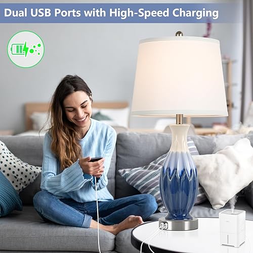 Miniatura 3 de Juego de 2 lámparas de mesa de 28 pulgadas de alto, lámparas de noche de cerámica azul marino con puertos USB, lámpara costera con pantalla de tela