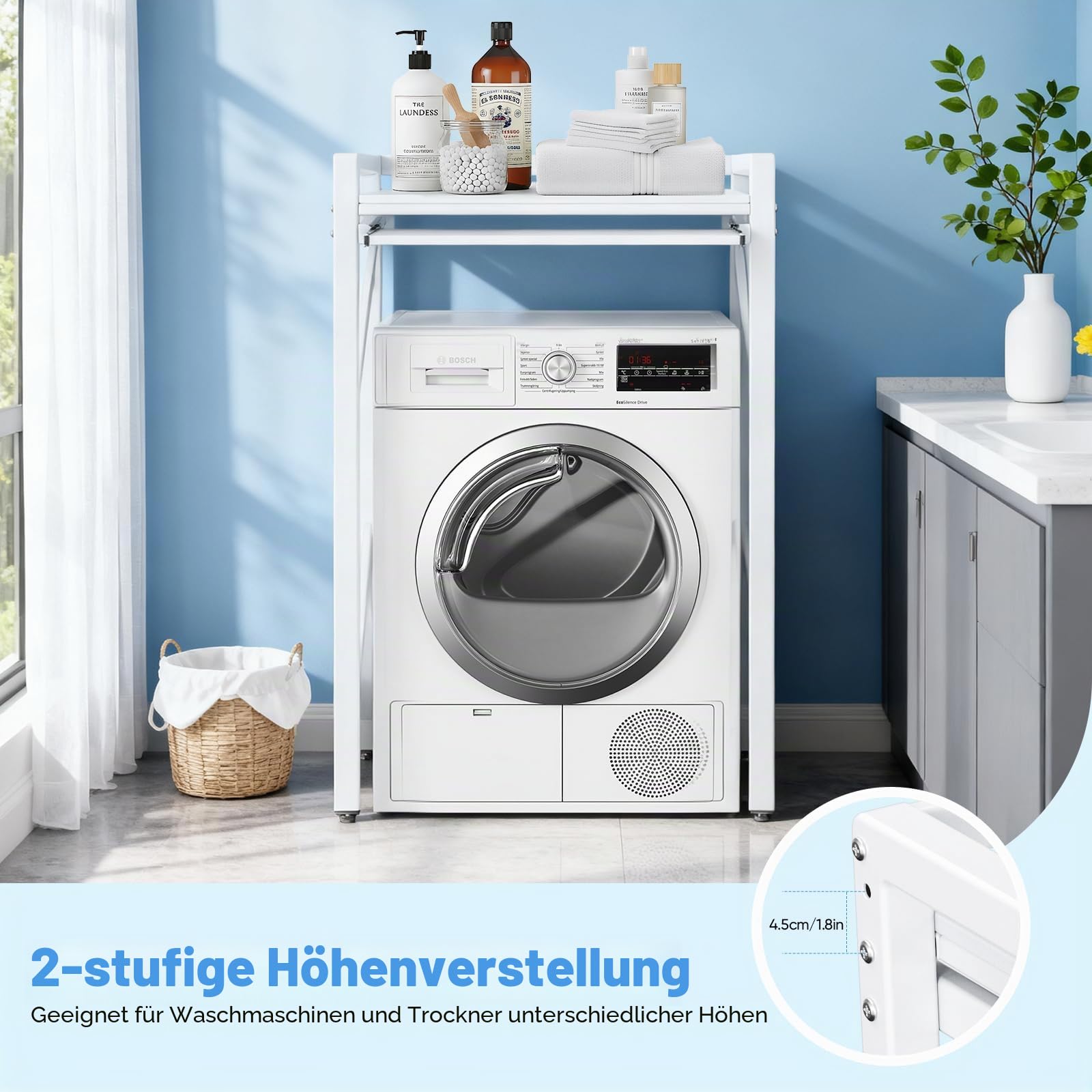 Regal über waschmaschine,Waschmaschinenregal mit Ausziehbarem Wäscheständer,TragfäHigkeit 350 Kg 2 HöHenverstellbar,Waschmaschinenschrank 74 * 64 * 113.5cm (White With Drawers)