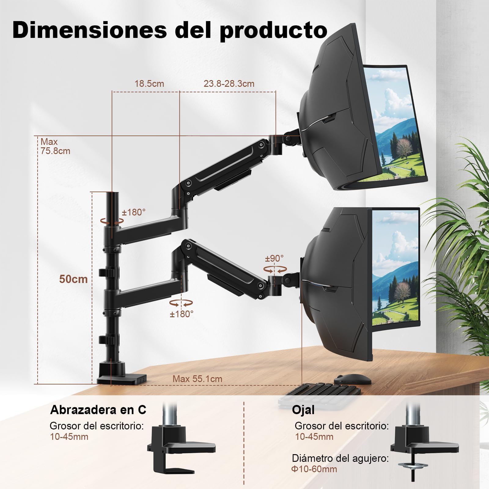 Soporte para Monitores PUTORSEN para 2 Pantallas de 17 a 49 Pulgadas - hasta 20 kg por Brazo, Soporte Extra Largo Ajustable en Altura y Giratorio para una ergonomía óptima, VESA 75/100 mm