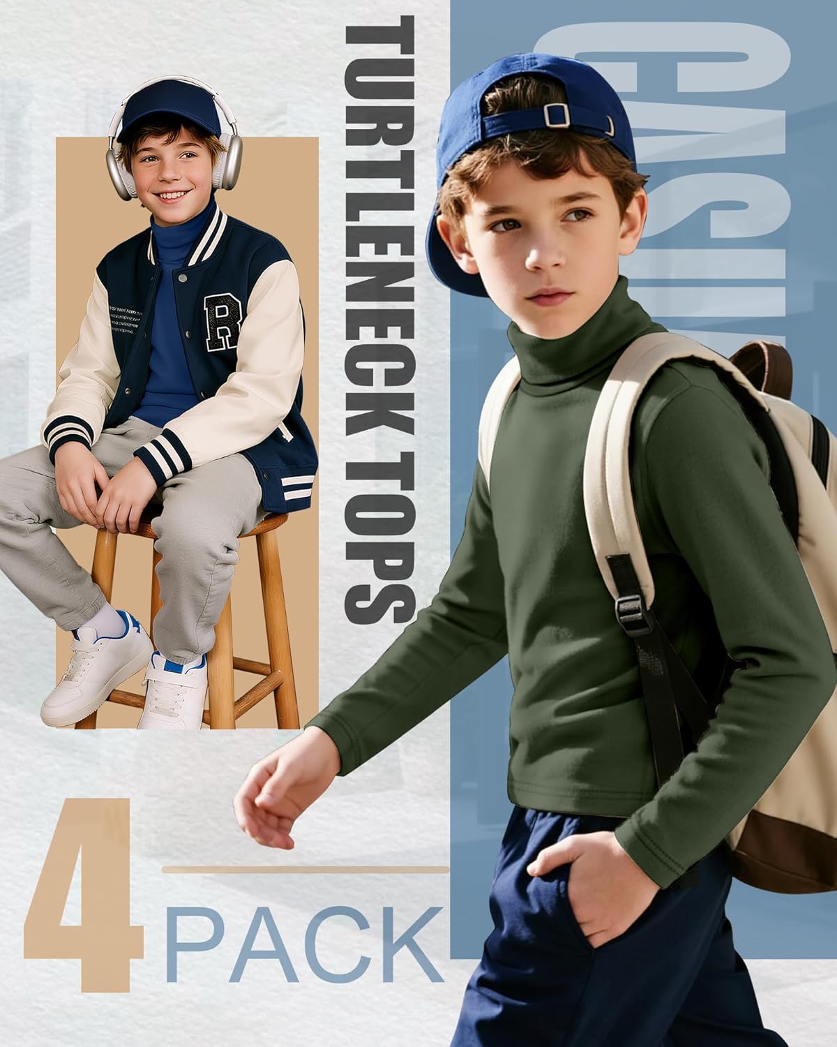 4 Pack Boys Turtleneck Long Sleeve Shirts Elastic Solid Warm Basic Football Baseball Undershirt Base Layering Tops - Image 3