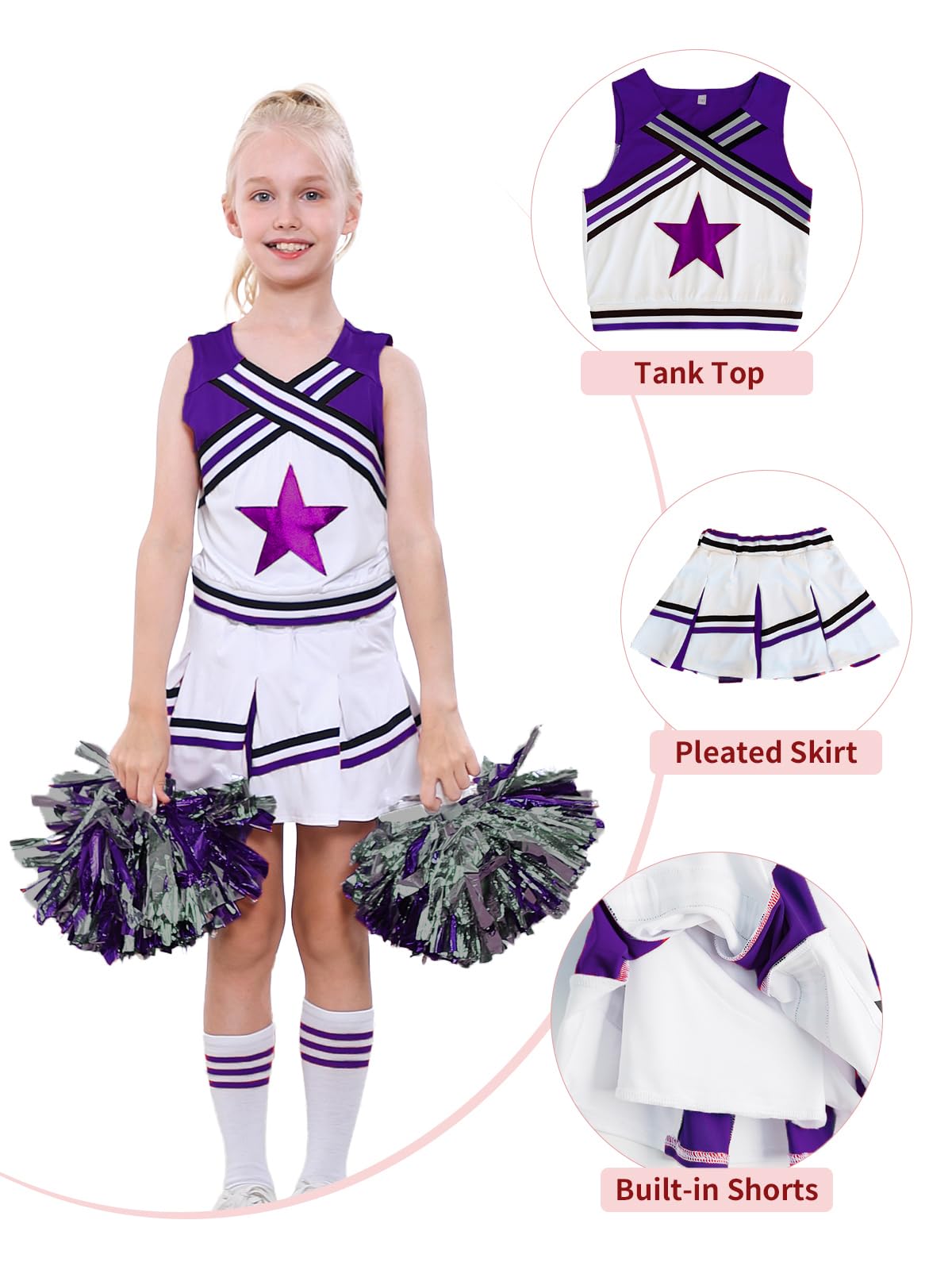 LOLANTA Costume da Ragazza Cheerleader, Carnevale o Evento Sportivo Fancy Dress Up con l'abito di Pom Poms, 4-13 Anni