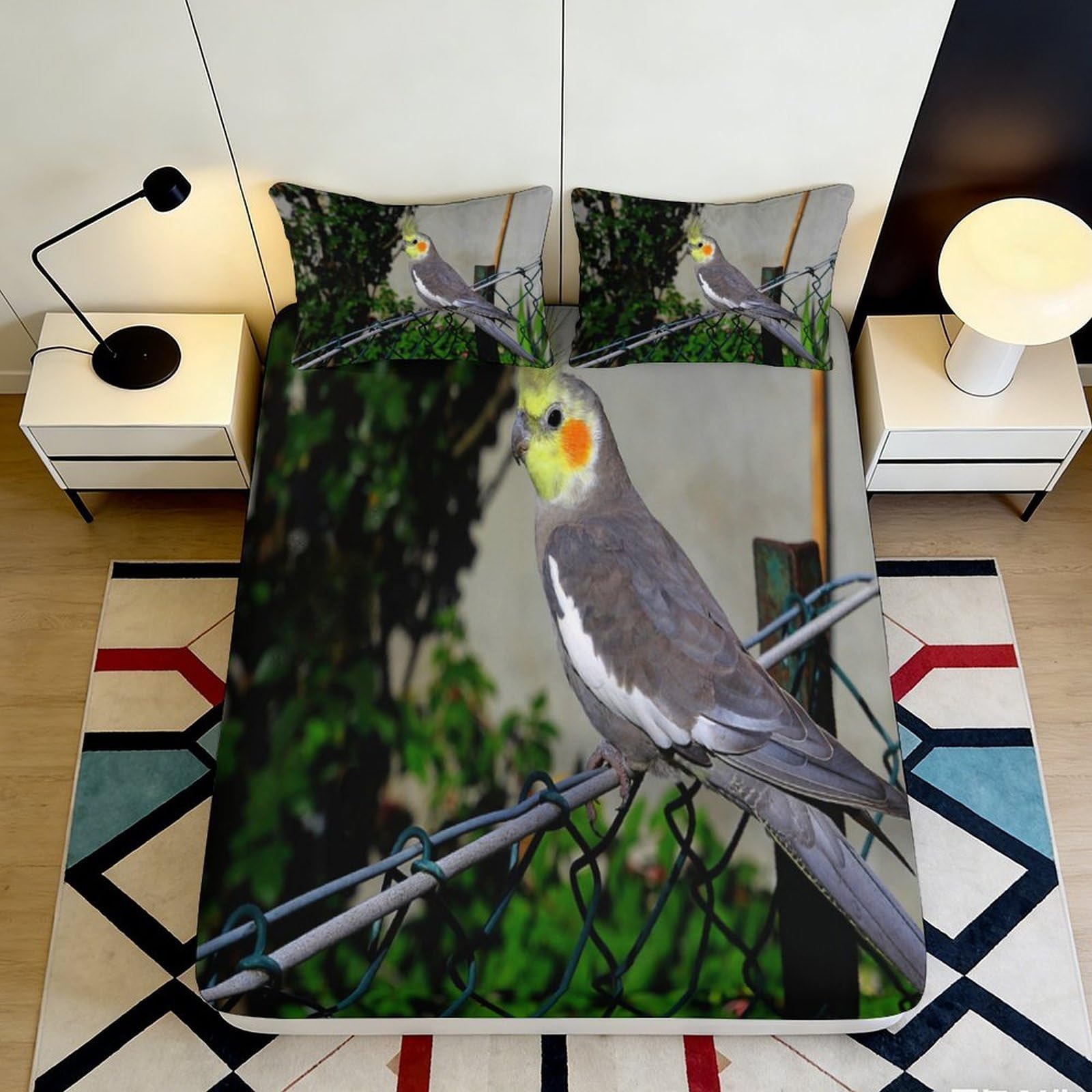 3D Printed Cockatiel Bird Fitted Sheet Microfiber Soft Breathable Fence Parrot Bed Cover for Bedroom Guestroom 120x200x25cm