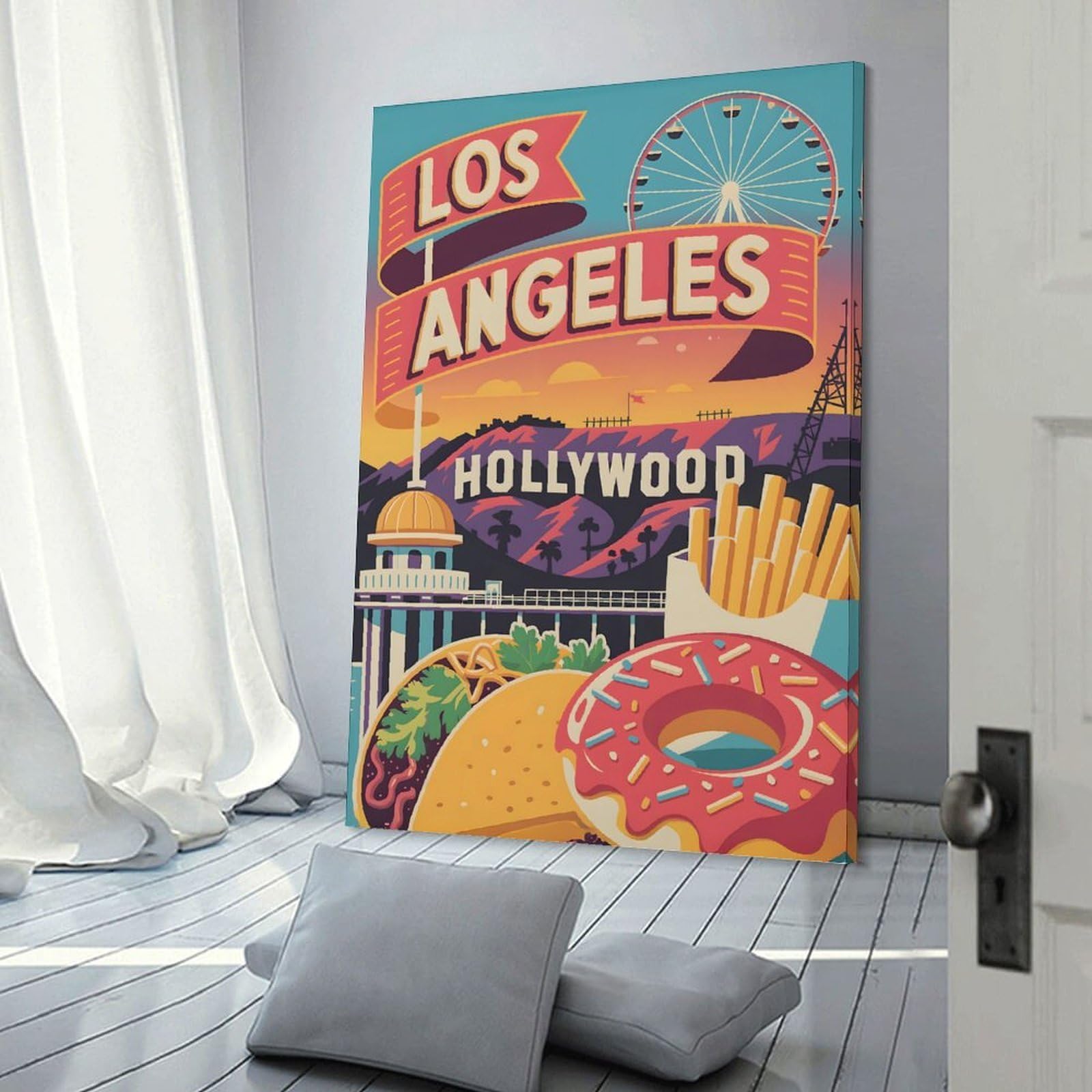 Junmoney Los Angeles Travel (3) Canvas Wall Decor, 16x24inch(40x60cm), for New Homes, Bedrooms Or Workspaces, Gift Idea for Housewarming And Birthdays
