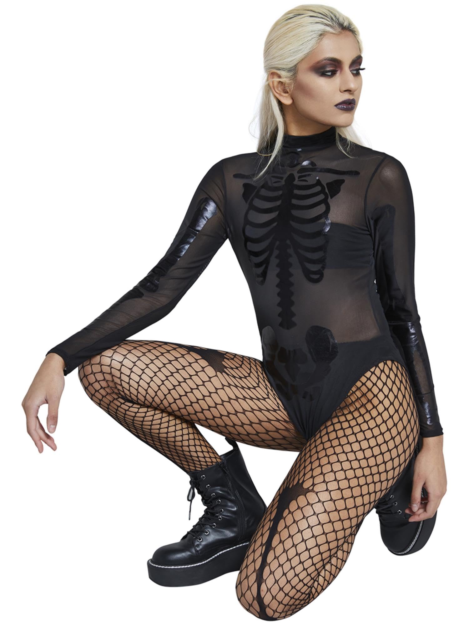 Smiffys Fever Sheer Skeleton Bodysuit, Black, Fever Fancy Dress, Skeleton Dress Up Costumes