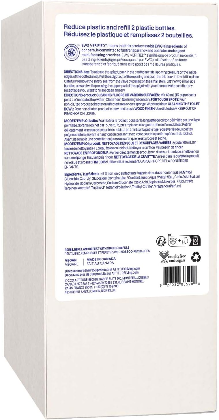ATTITUDE Floor Cleaner Refill, EWG Verified, Streak-Free, Vegan & Plant-Based for Tile, Wood & Laminate Floors, Citrus Zest Scent, 67.6 Fl Oz - Image 8