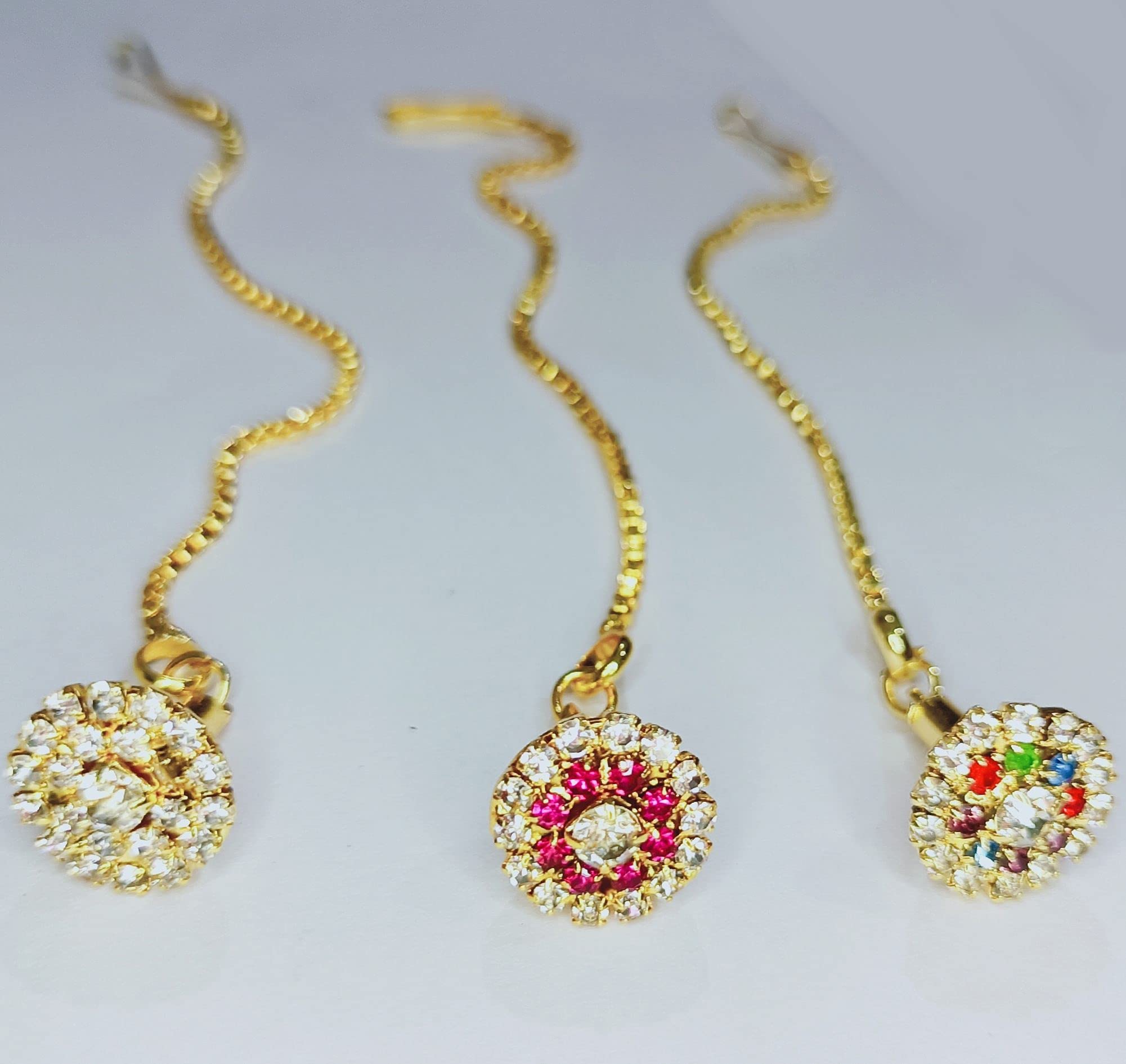 Brij Sugandha Set of 3 Diamond Maag Tikka [ Silver, Pink, Multi Color ]– Small Size Metal Borla for Devi Maa/Radha Rani Idol by The Kanha Store