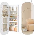 SONGMICS Jewelry Organizer, LED Jewelry Cabinet Wall/Door Mounted, Lockable Rounded Wide Mirror with Storage, Interior Mirror, 10 x 42 x 108 cm, White Surface with Greige Lining