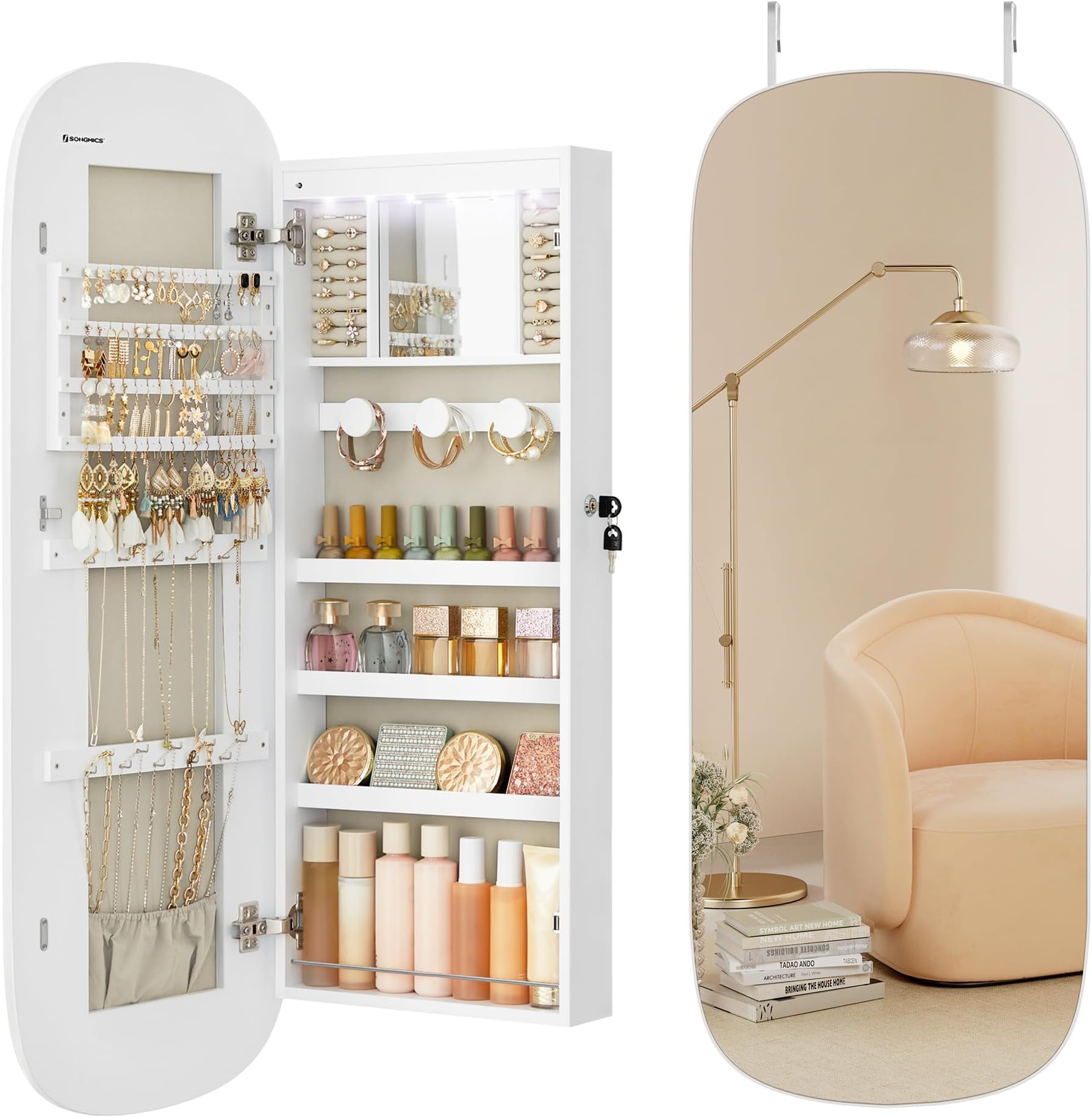 Jewelry Organizer, LED Jewelry Cabinet, Wall/Door Mounted