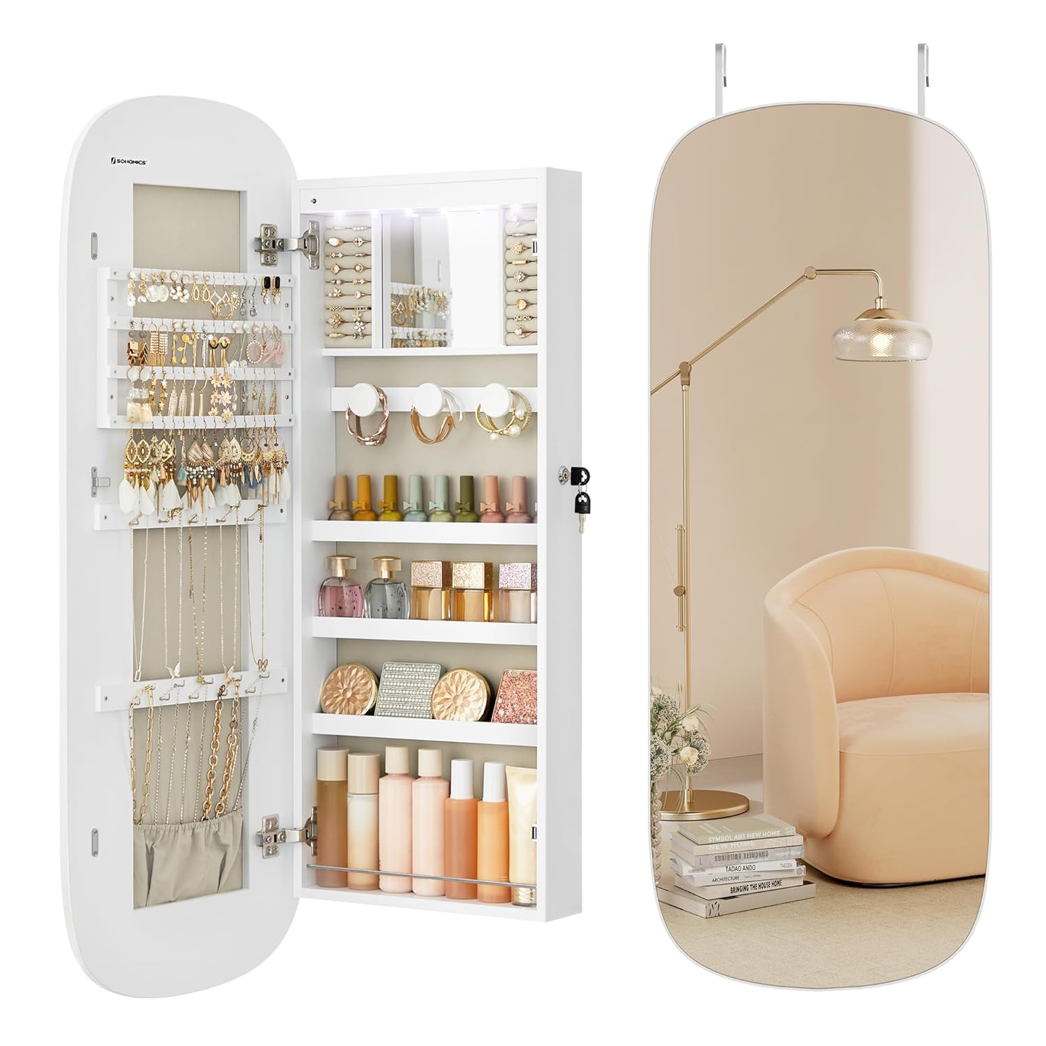 SONGMICS Jewelry Organizer LED Jewelry Cabinet Wall Door Mounted Lockable Rounded Wide Mirror with Storage Interior Mirror 3