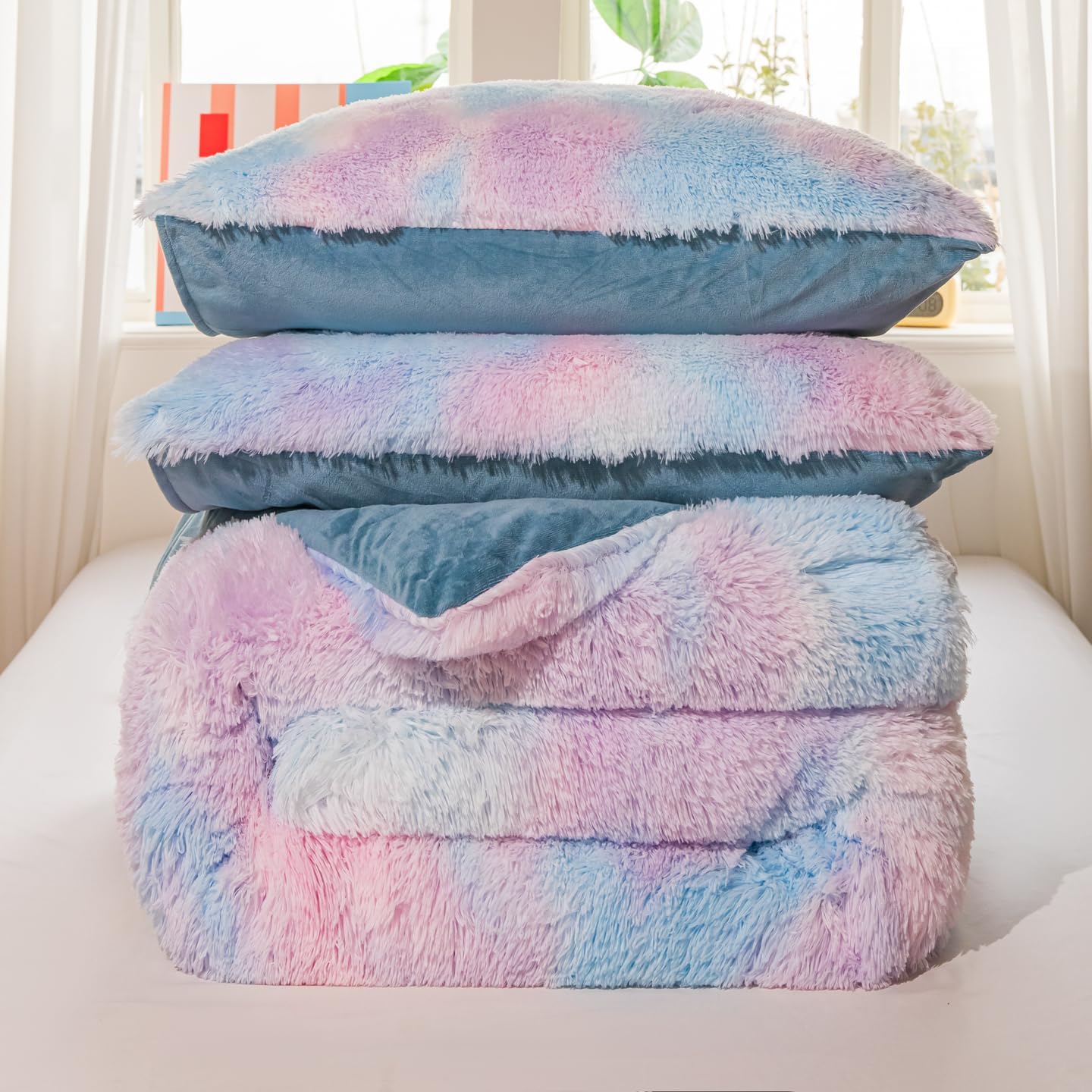 chovy Faux Fur Plush Tie-Dyed Blue Comforter Sets Twin/Full Size - Ultra Soft Shaggy Flannel Velvet Fluffy Fuzzy 3PC Bedding Set (Comforter x 1 Pillowcases x 2) - Image 8