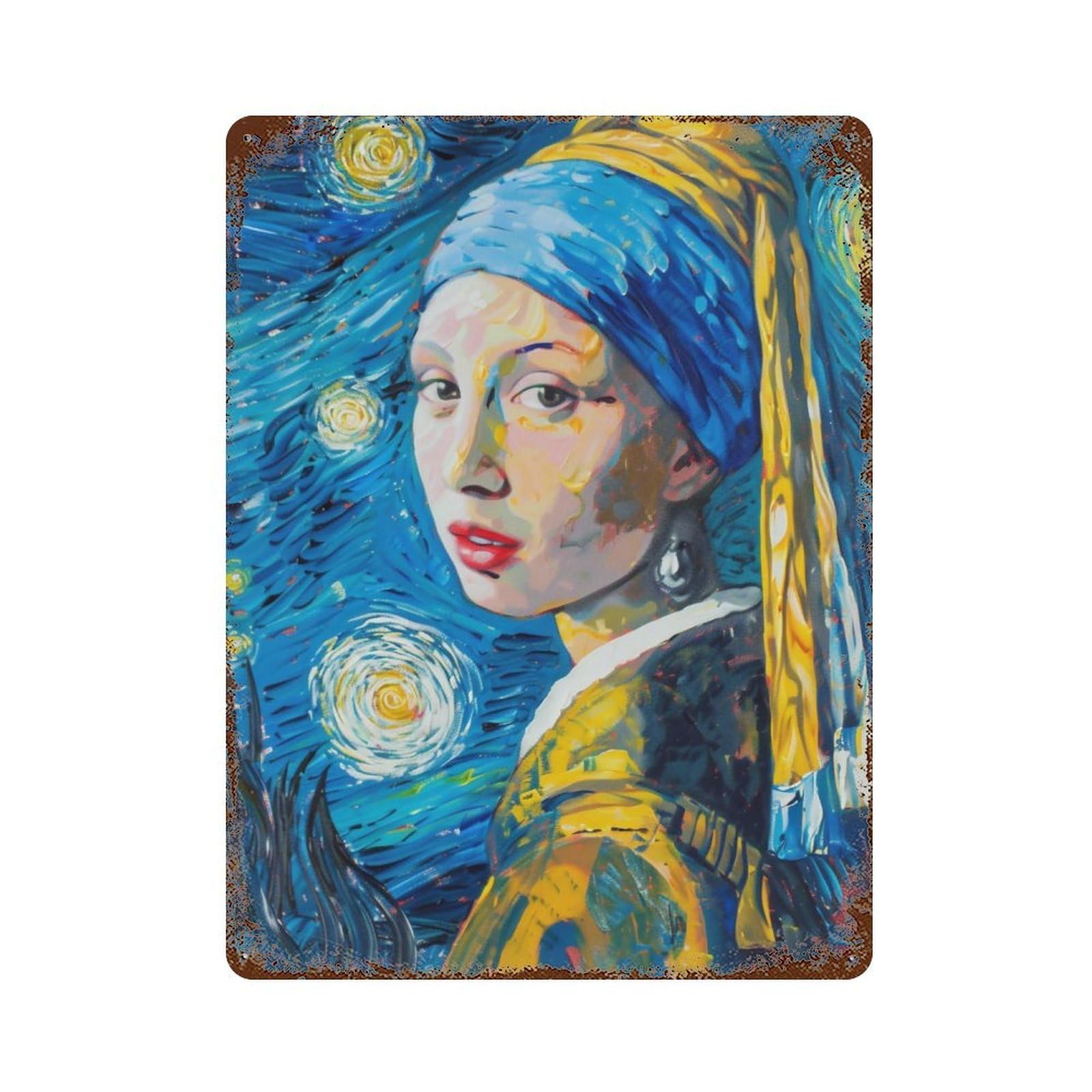 YHGERTKU Starry Night Girl with A Pearl Earring Fusion 01 Wall Art Retro Iron Vintage Metal Tin Sign Poster Modern Decor for Living Rooms Gift 40x30cm