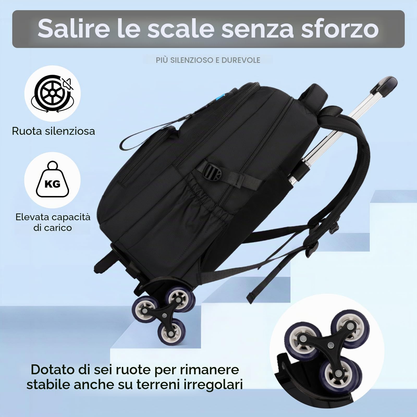 Tanou Zaino con Ruote per Ragazzi Adolescenti, Zaini Scuola Trolley Media e Superiore da 36 Litri Impermeabile, Zaino Ragazzo Grande con Carrello Rimovibile per Viaggi, 6 Rotelle