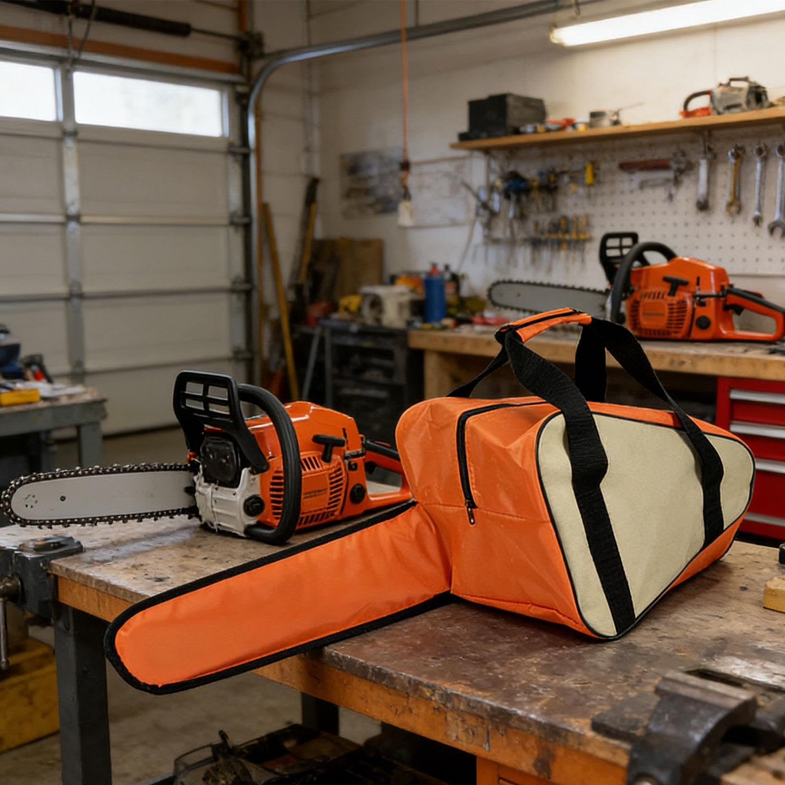 F Fityle Étui de Transport pour Tronçonneuse, Sac de Transport Portable, Housse de Protection en Tissu Oxford, avec Poignées, Sac de Rangement pour Travail du Bois en Extérieur, Orange Blanc