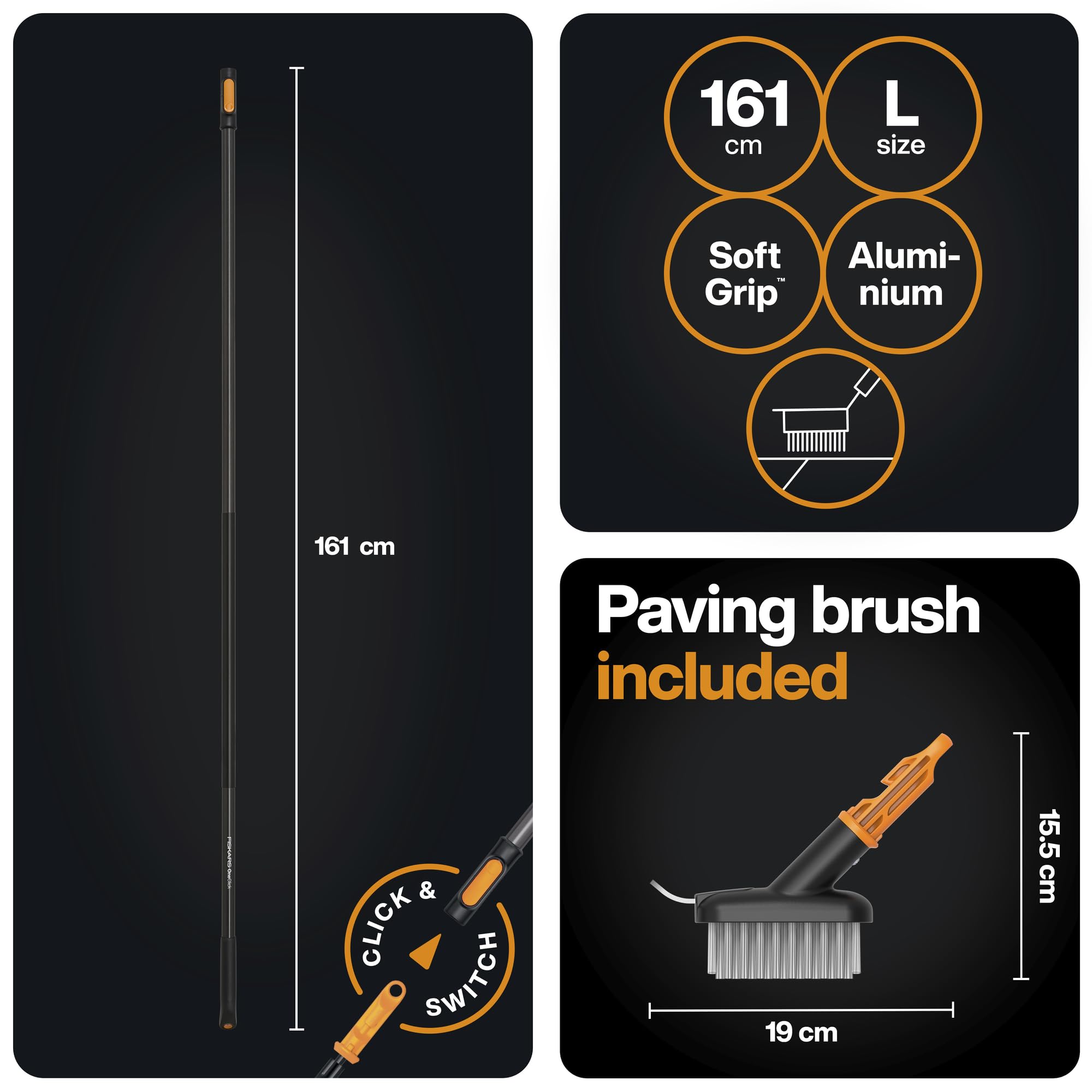 Fiskars OneClick Brosse à Joints et Manche L, Manche : 161 cm, 1080719 | 1080719