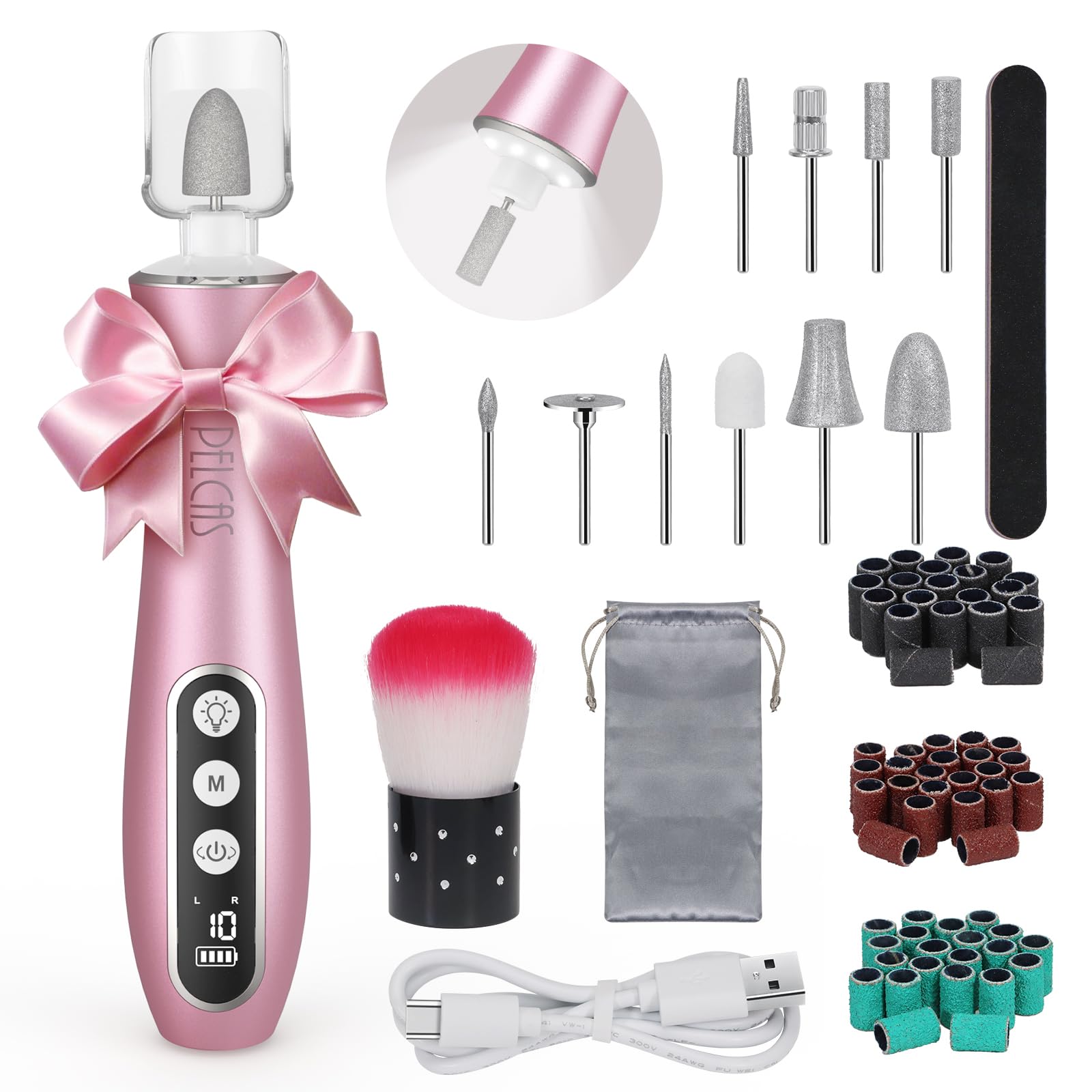 PELCAS Cordless Electric Nail Drill Kit with Light, LCD Display and 10 Speeds