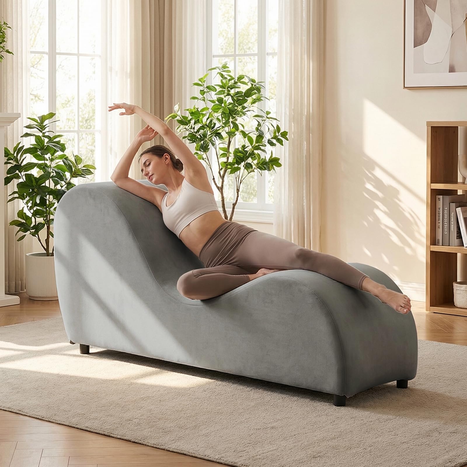Mjkone Velvet Yoga Chaise Lounge Chair, Light Grey
