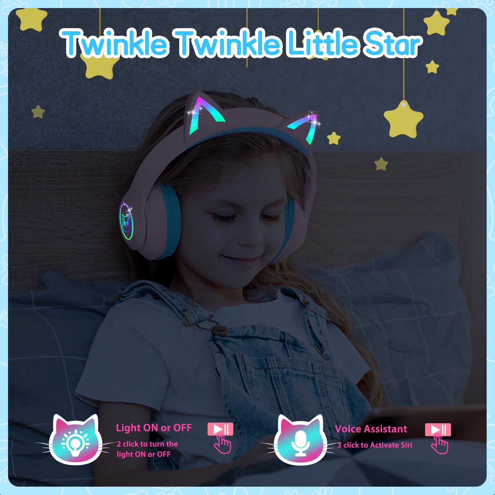 LOBKIN Cuffie Bluetooth 5.4 Per Bambini Con Microfono Pieghevole: Volume Limitato A 85/94 DB, LED Orecchie Di Gatto, Pieghevole, Per IPad/PC/telefono