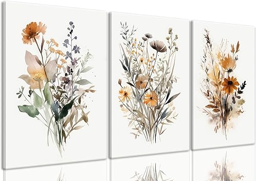 Bwodke Lienzo enmarcado de flores silvestres con diseño de flores silvestres coloridas y botánicas en lienzo, juego de 3 cuadros minimalistas de
