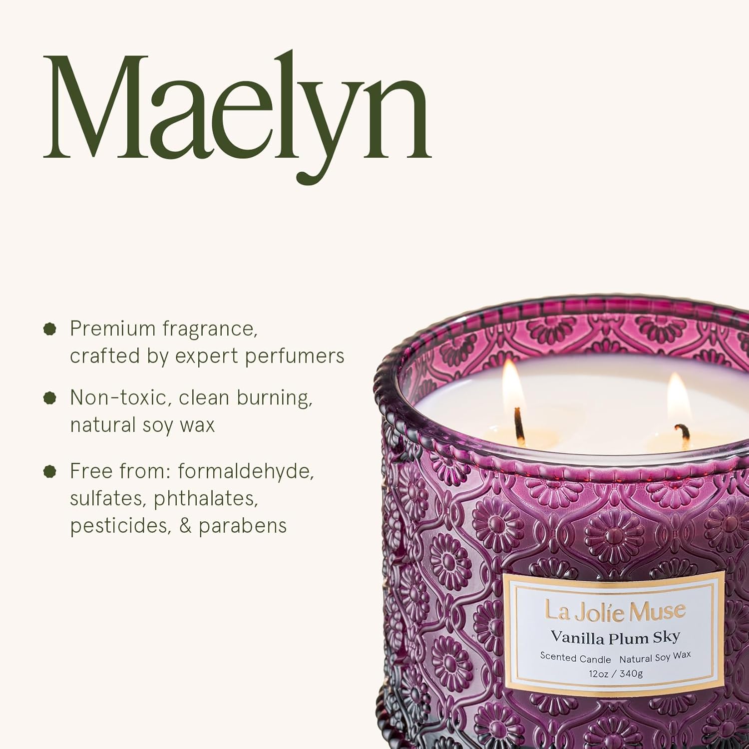 LA JOLIE MUSE Vanilla Plum Sky Candle - Coconut, Vanilla, Plum | 12 oz Large 2-Wick Soy Wax Candle | 60 Hours Clean Burn | Gift-Ready for Hosts & Gatherings | Elegant Home Decor - Image 7