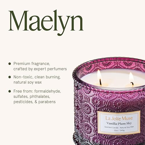 Miniatura 7 de LA JOLIE MUSE Vela Vanilla Plum Sky - Coco, Vainilla, Ciruela  12 oz Vela grande de cera de soja de 2 mechas  60 horas de combustión limpia  Ideal