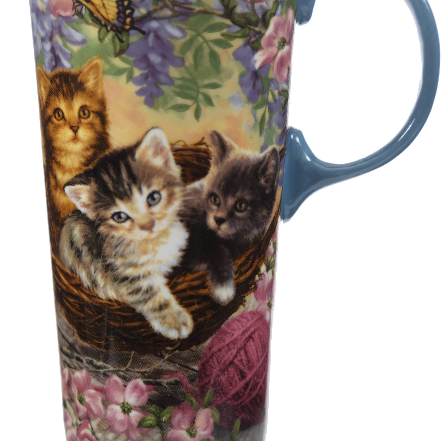 CEDAR HOME Taza de cerámica para café de viaje, taza de té de porcelana con tapa, 17 onzas, flor y gato