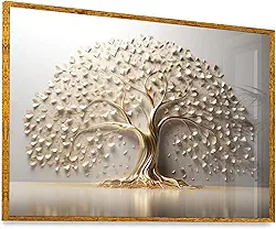Quadro Árvore da Vida Branco Dourado Vidro 63x43cm Moldura Dourada Exclusiva Art Parede