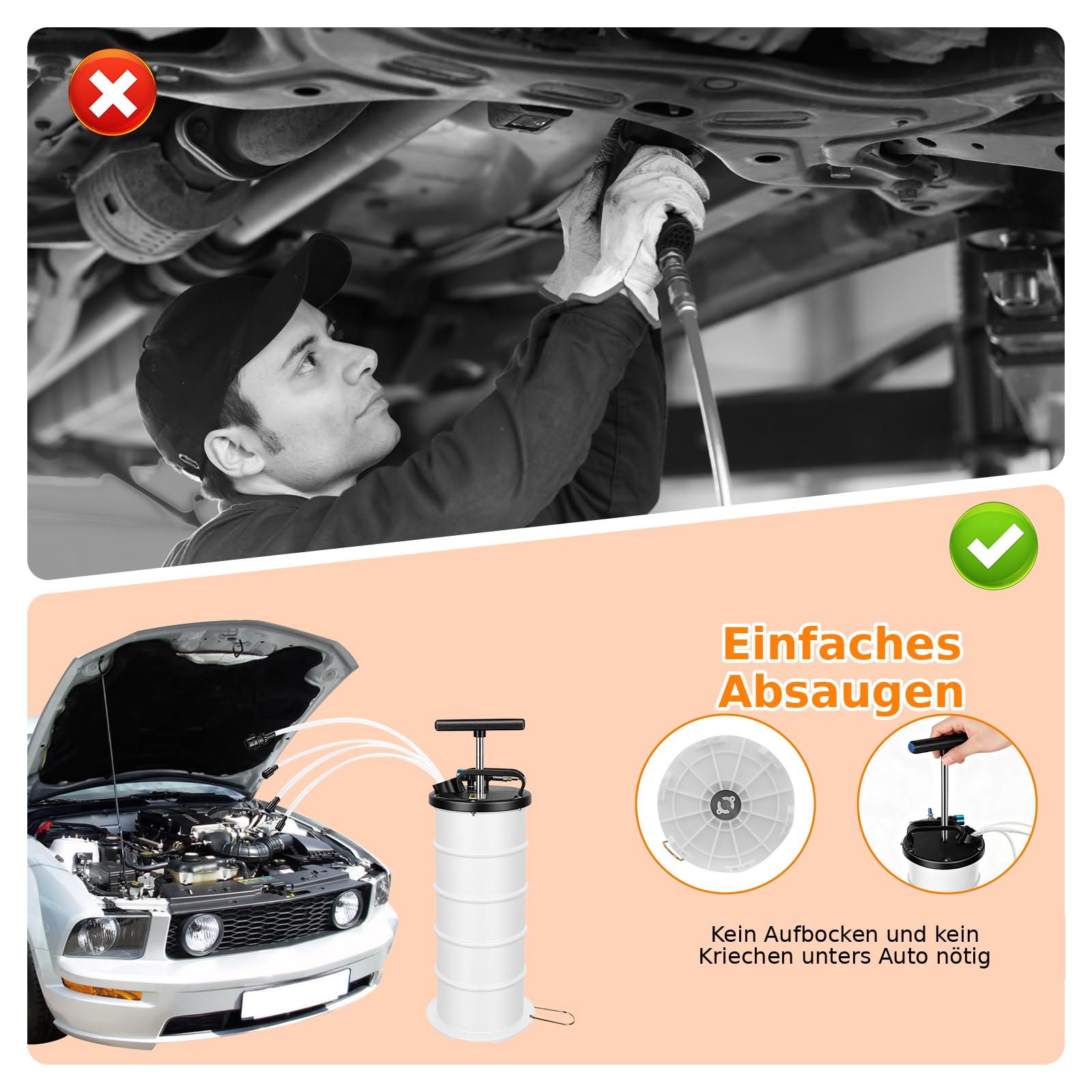 6.5L Ölabsaugpumpe Manuell & Pneumatisch, Vakuum Flüssigkeitspumpe mit 4 Absaugschläuchen, Ölwechselpumpe für Auto, Motorrad, Boot, Rasenmäher, Absauggerät für Motoröl & Bremsflüssigkeit