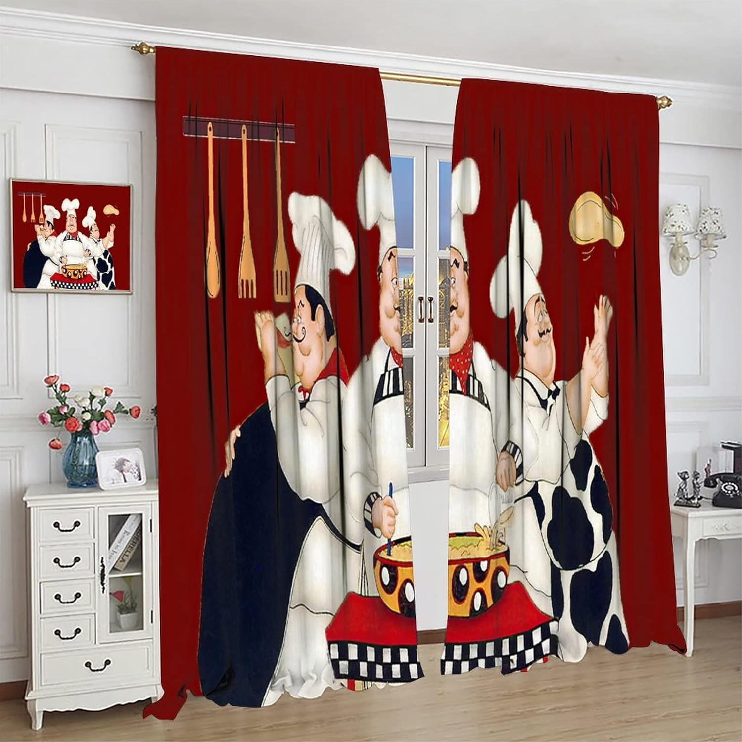 Chef Kitchen Blackout Window Curtains - Three Fat Chefs Style Print for Living Room, Bedroom, Restaurant - 2 Panels, 42x45 Inch