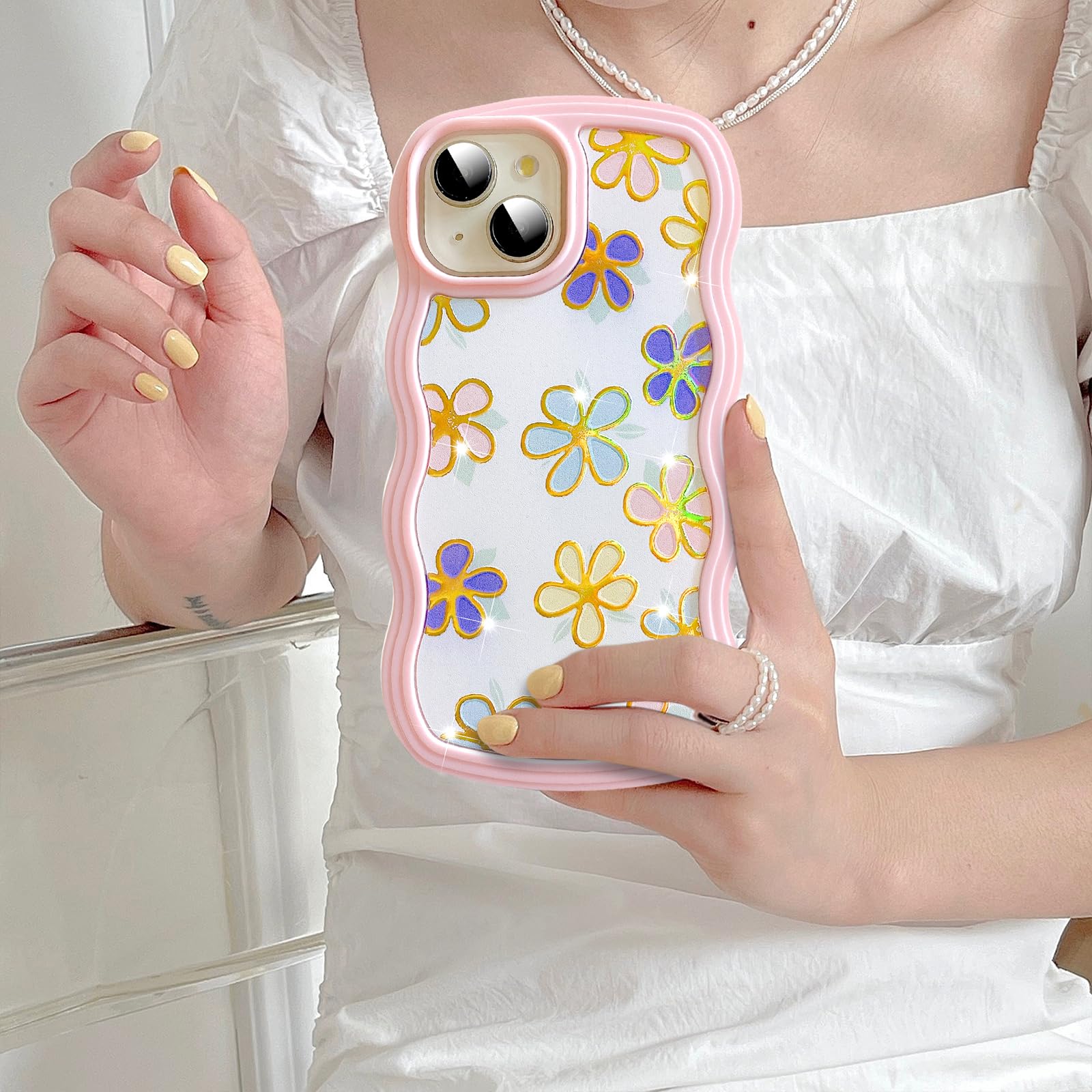 UEEBAI for iPhone 14 & 13 Case, 6.1" Floral Wave Frame Cute Curly Anti-slip Flower Case with Aesthetic Pattern - Image 4