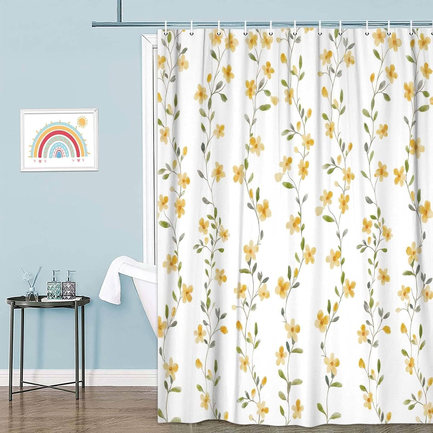 Cute Yellow Floral Shower Curtain,Minimalist Style Watercolor Flower Bath Curtain for Bathroom Decoration,Waterproof Fabric with 12 Hooks 72X78IN