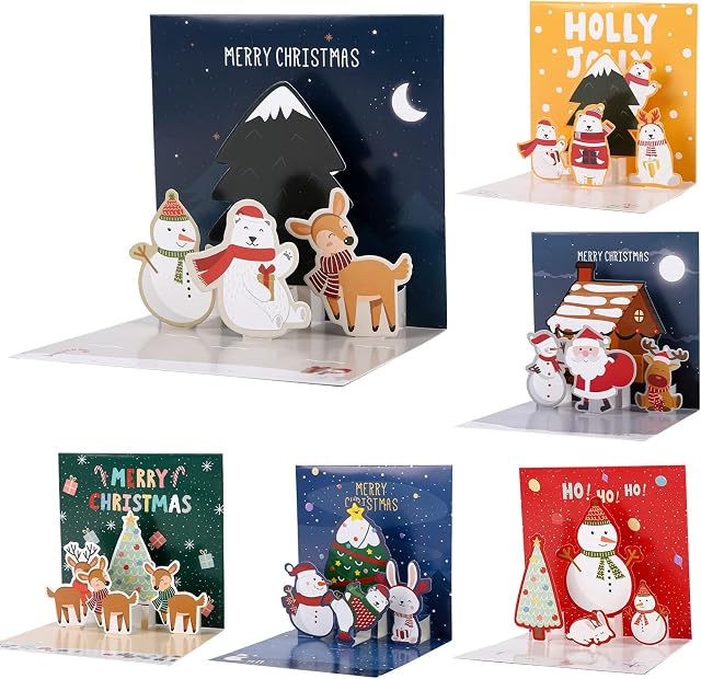 6 Pack Christmas Cards 3D Pop Up Christmas Card Handmade Holiday Greeting Card with Envelopes,Christmas Tree Santa Claus Reindeer Snowman Xmas Cards,Merry Christmas Cards for Xmas New Year Gift