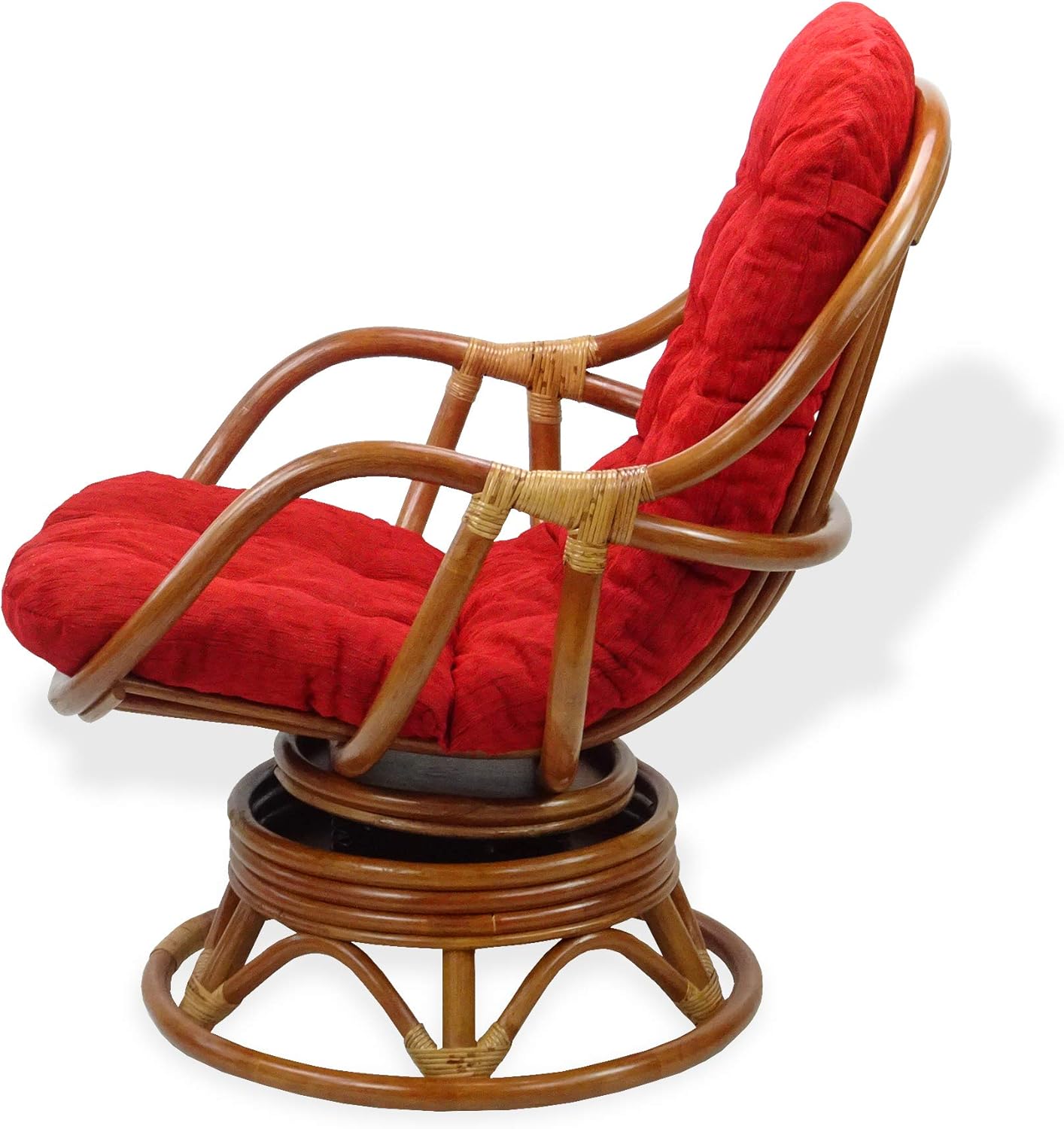 Wickerix Set of 2 Bali Lounge Swivel Rocking Chairs with Burgundy Cushion and Pelangi Round Coffee Table Natural Rattan Wicker Handmade, Colonial Color