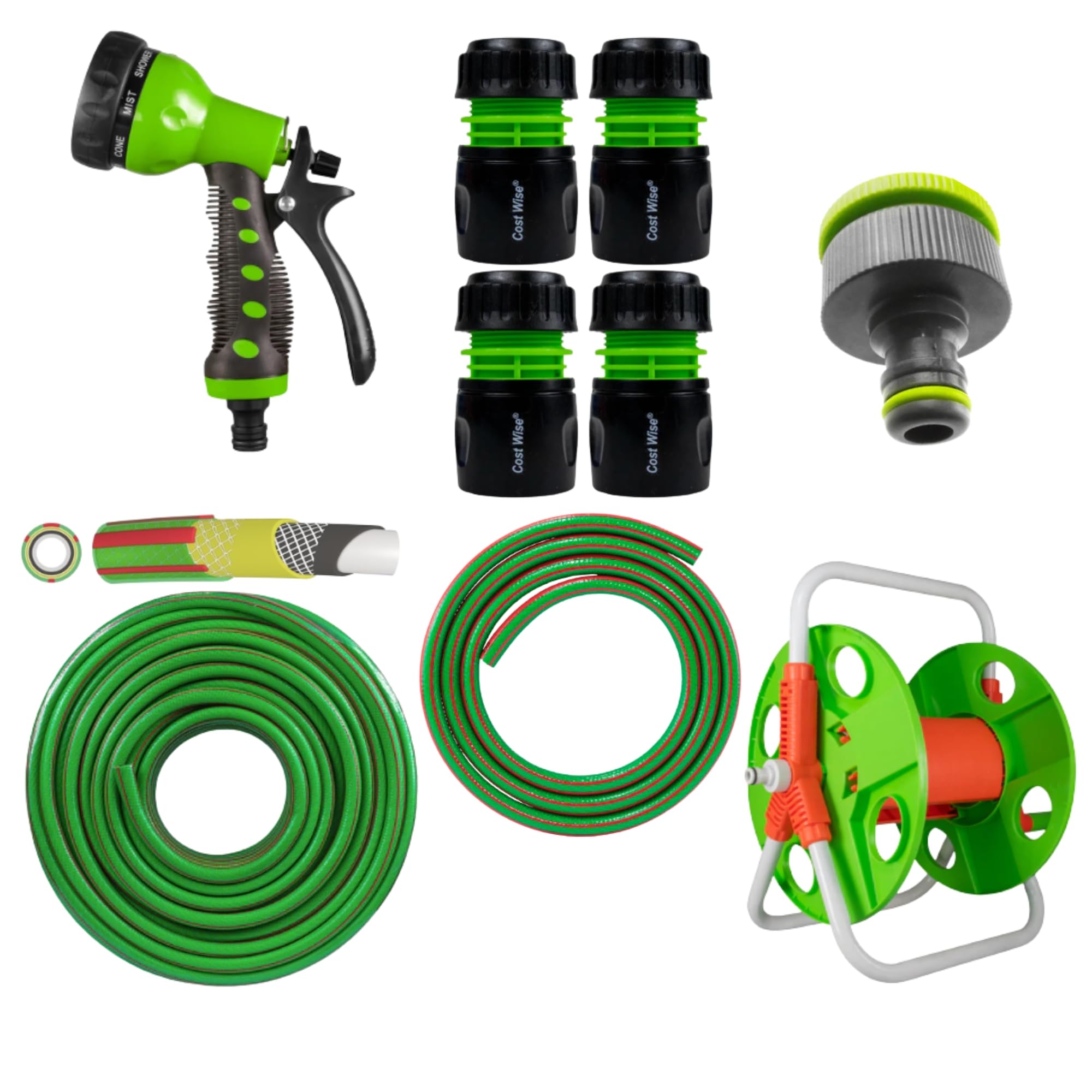 KIT 22 Garden Hose Reel Cart Set with 10m Premium Hose, 8-Pattern Spray Gun, Tap and Hose Connectors