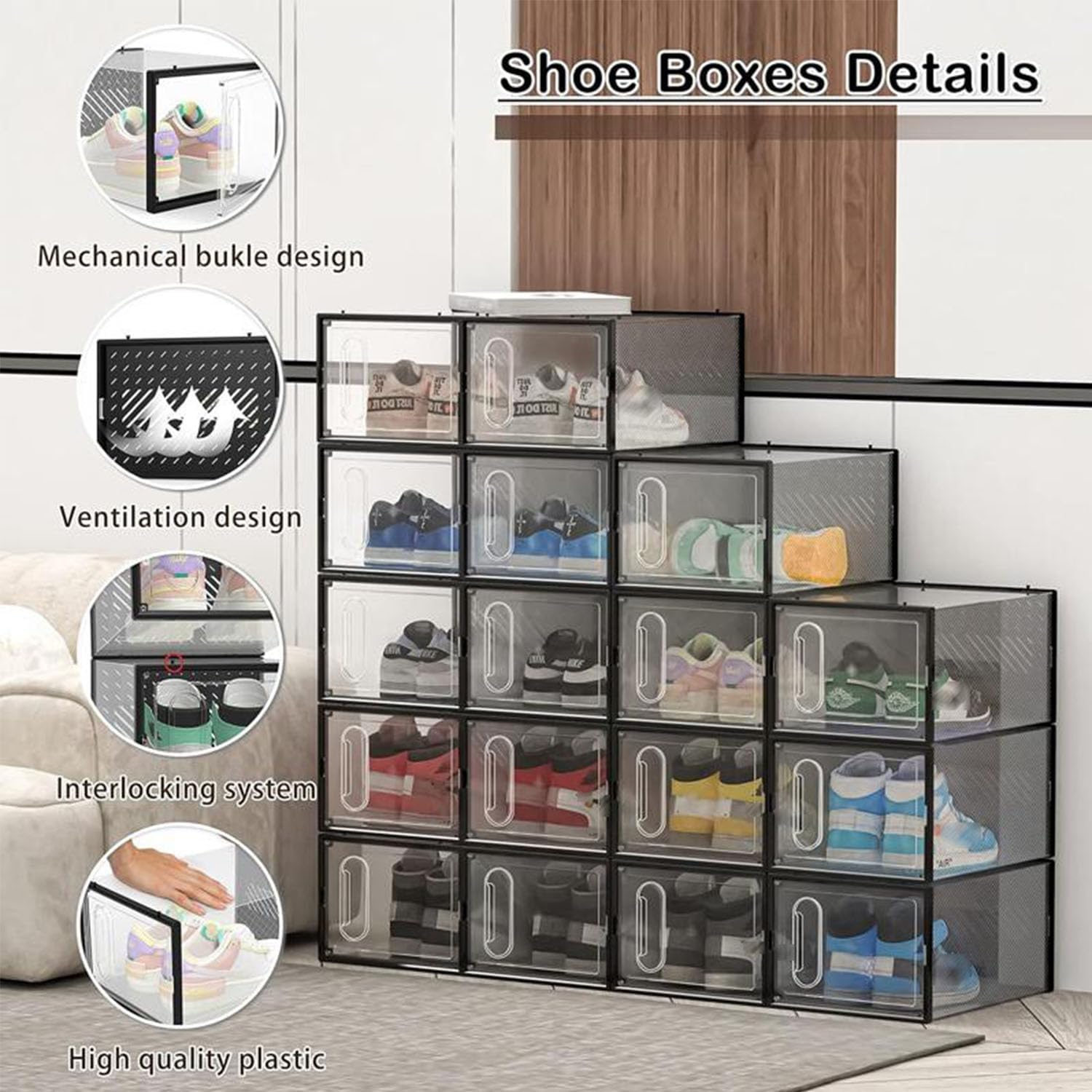 12 Packs Clear Plastic Shoebox With Magnetic Door, X-Large(14"× 10" × 7") Stackable Shoe Box Storage With Lids, Multifunctional Sneaker Containers, Toy Storage, Space-Saving Shoe Rack Black