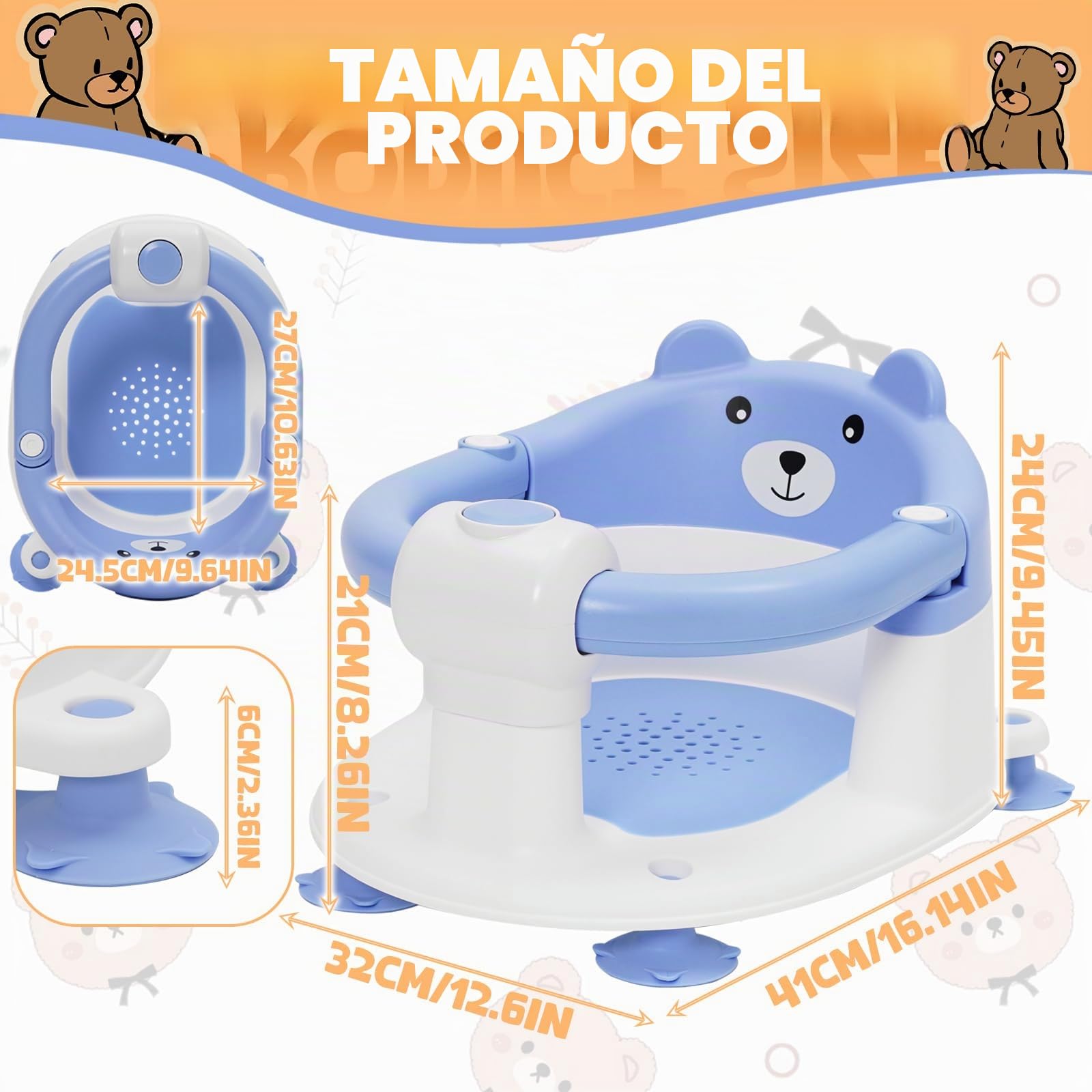 Asiento de Baño para Bebé 6-24 Meses, Silla Baño Bebe con 4 Fuertes Ventosas, Respaldo Ergonómico, Barra de seguridad, Antideslizante y Cómoda, Regalo para Recién Nacidos y Nuevas Madres(Azul)