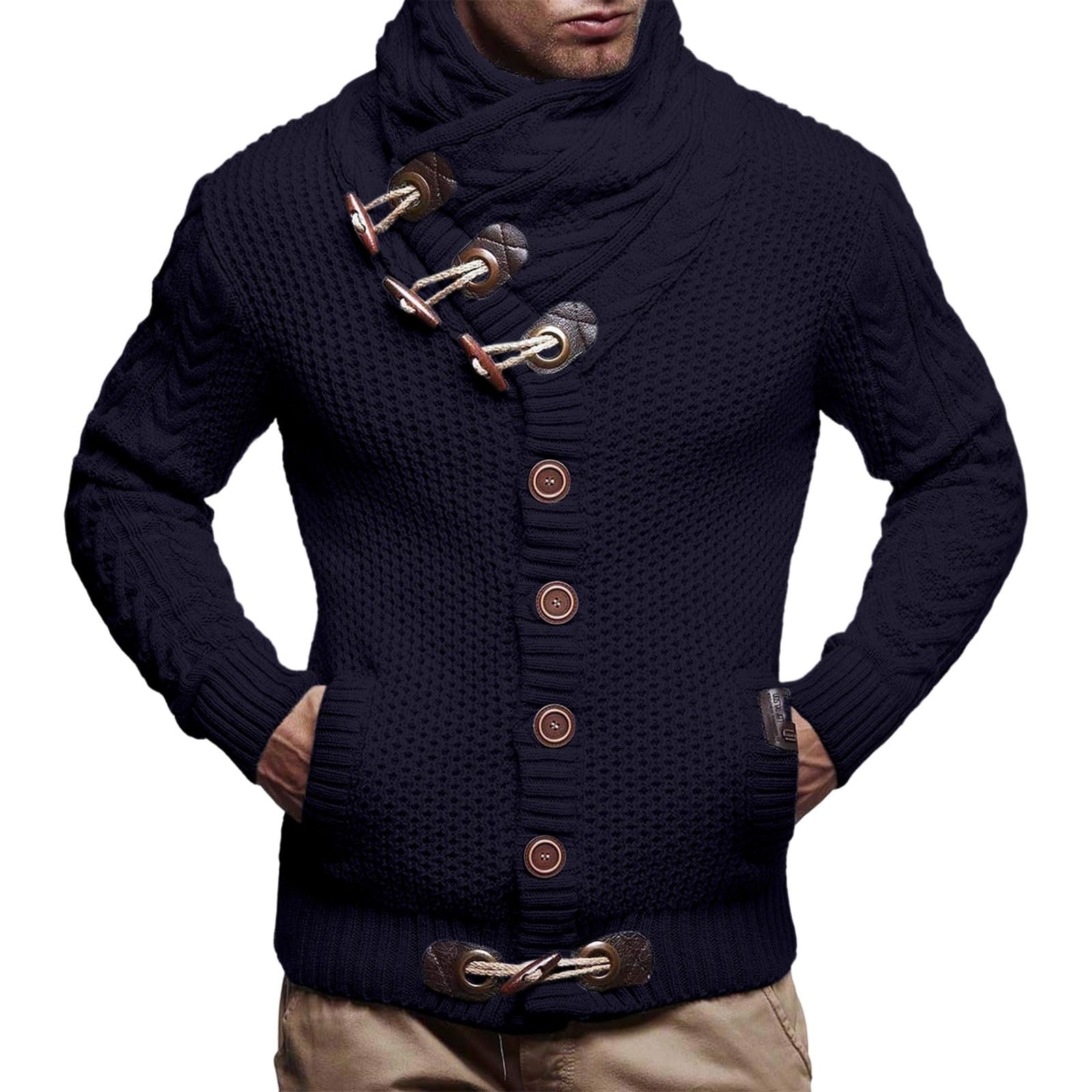 Greabuy Suéter de punto trenzado para hombre, cuello alto, térmico, cálido, con cremallera, casual, a la moda, cuello alto, ropa de invierno