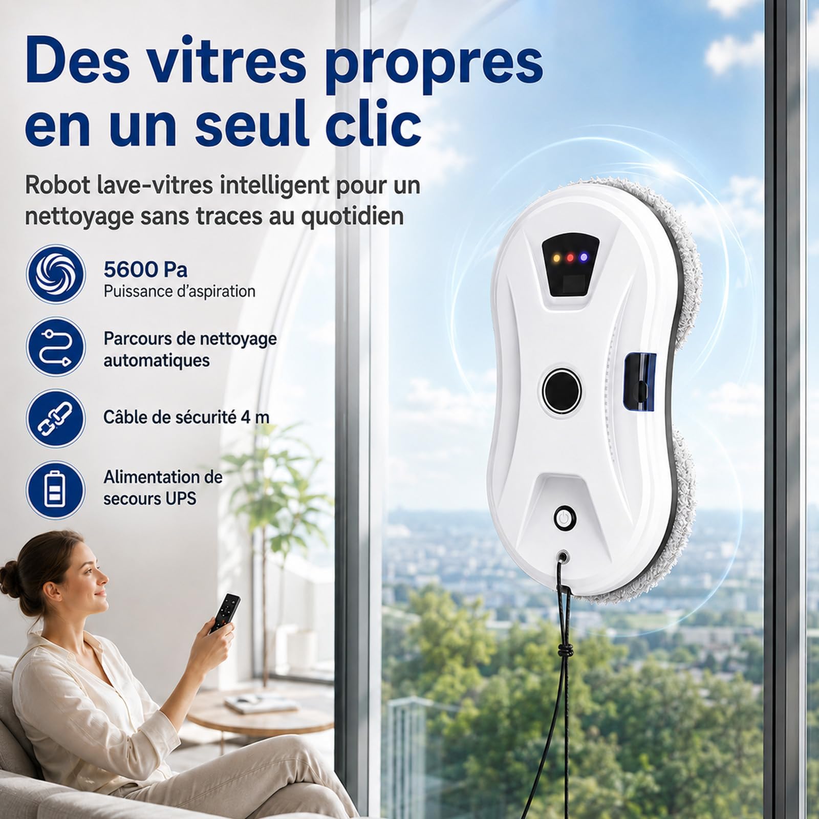 Robot Clean Osmo Vitre – Nettoyeur Auto Forte Aspiration + Jet Eau | Télécommande, 3 modes de nettoyage, navigation intelligente, détection des bords, nettoyage humide/sec automatique.