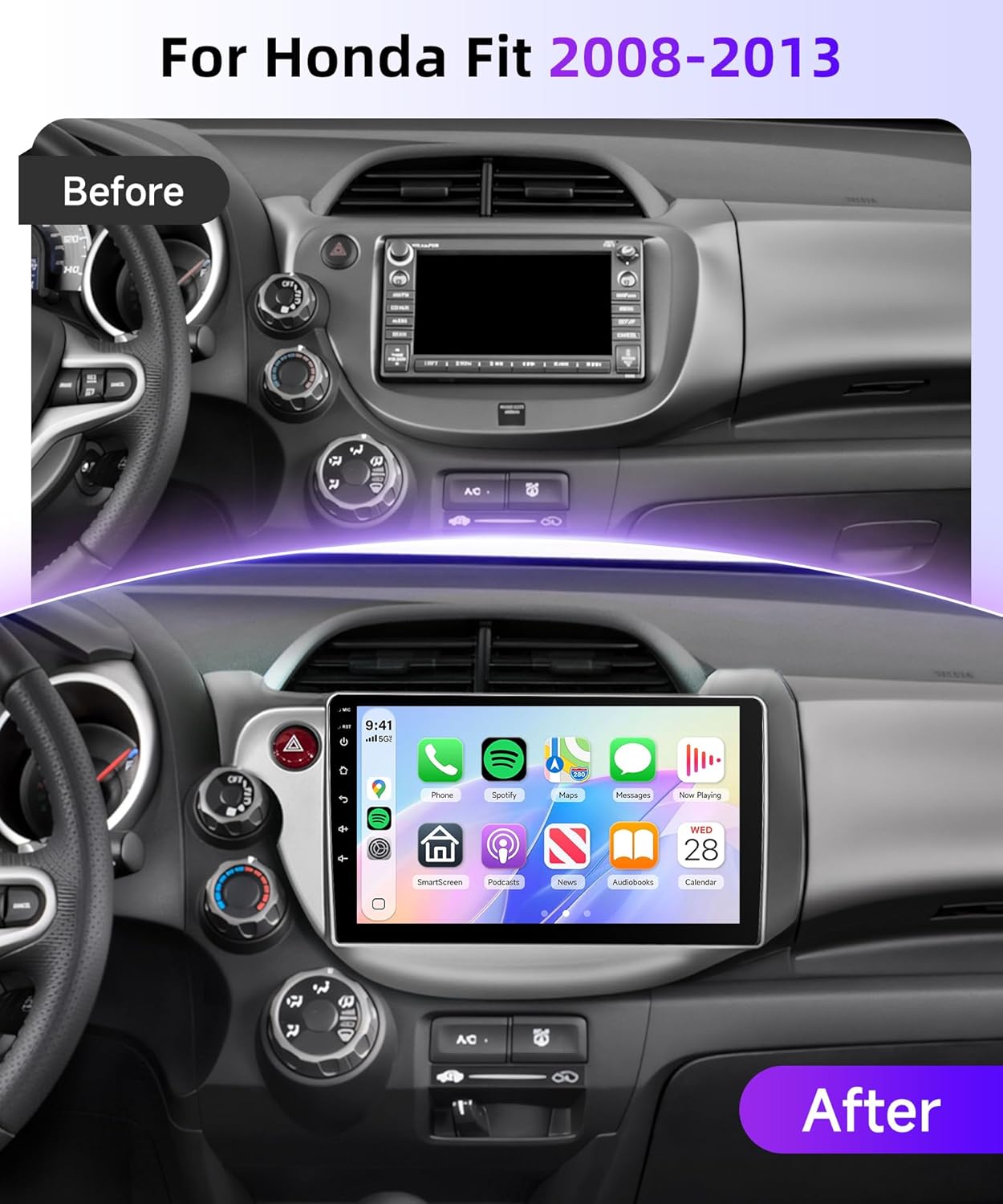 Car Stereo Radio for Honda Fit 2008-2013 Support Wireless Carplay Android Auto 10.1'' HD 1080P Touchscreen with 5Ghz WiFi GPS Navigation EQ AHD Backup Camera FM/RDS Radio SWC 2G+64G