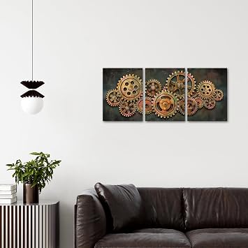 iHAPPYWALL 3 Pieces Abstract Gear Wheel Canvas Wall Art Industrial Steampunk Mechanical Picture Teamwork Gift for Bedroom Home Office Cafe Bar Decor Ready to Hang 16x12inchx3pcs